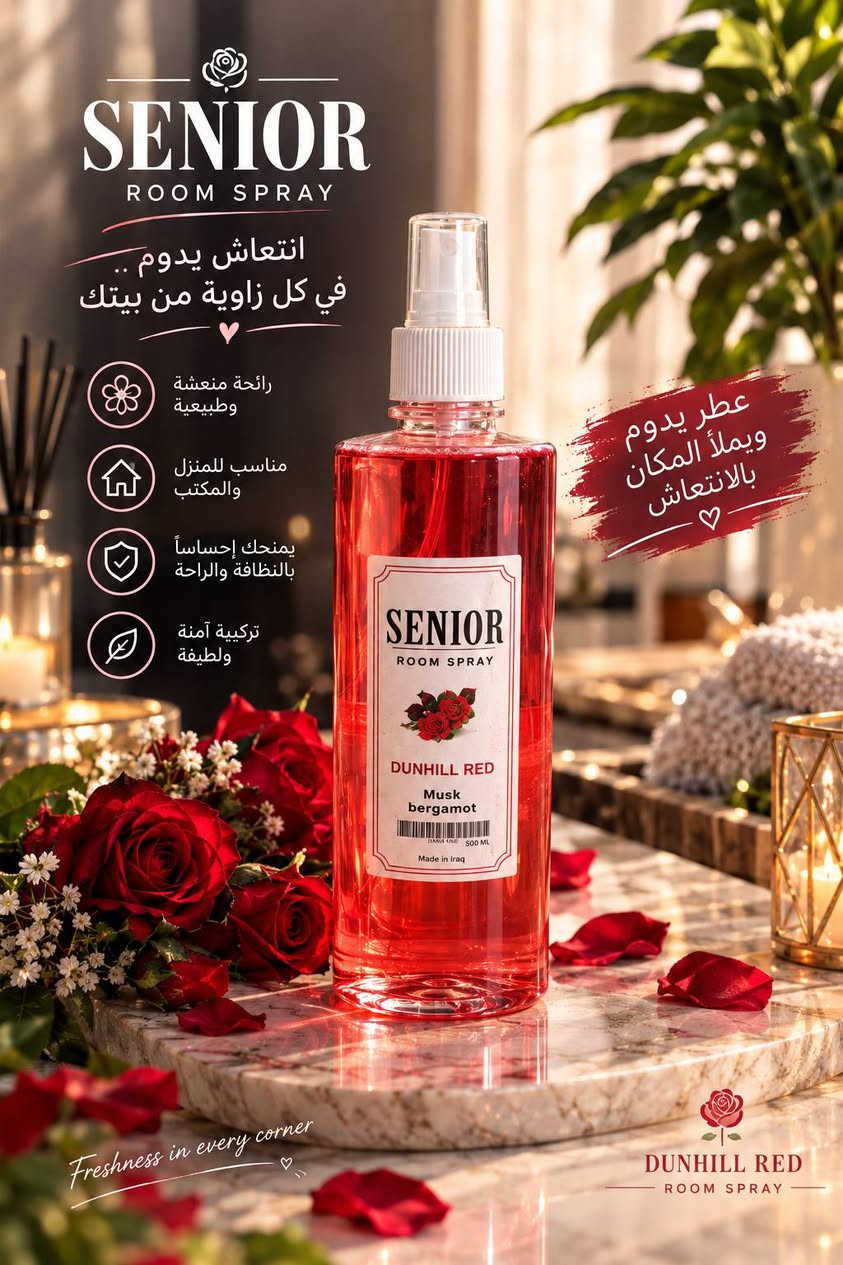 معطر جو درجه اولى
حجمه 500m
فوحان و قويه 

سعر 4.500 

يوجد توصيل داخل الحديد 

للطلب والاستفسار *********** 
@الجميع

نص مكتوب في الصور:
- SENIOR ROOM SPRAY انتعاش يدوم .. في كل زاوية من بيتك رائحة منعشة وطبيعية مناسب للمنزل والمكتب يمنحك إحساساً بالنظافة والراحة تركيبة آمنة ولطيفة عطر يملأ المكان بأجمل الإنتعاش Freshness in every corner BLUE NOW ROOM SPRAY
- SENIOR ROOM SPRAY انتعاش يدوم.. في كل زاوية من بيتك رائحة منعشة وطبيعية مناسب للمنزل والمكتب يمنحك إحساساً بالنظافة والراحة تركيبة آمنة ولطيفة عطر يدوم ويملأ المكان بالانتعاش Freshness in every corner DUNHILL RED ROOM SPRAY
- SENIOR ROOM SPRAY انتعاش يدوم .. في كل زاوية من بيتك رائحة منعشة وطبيعية مناسب للمنزل والمكتب يمنحك إحساساً بالنظافة والراحة تركيبة آمنة ولطيفة عطر فخم لأجواء أجمل LAVENDER SANDALWOOD Freshness in every moment MADE IN IRAQ