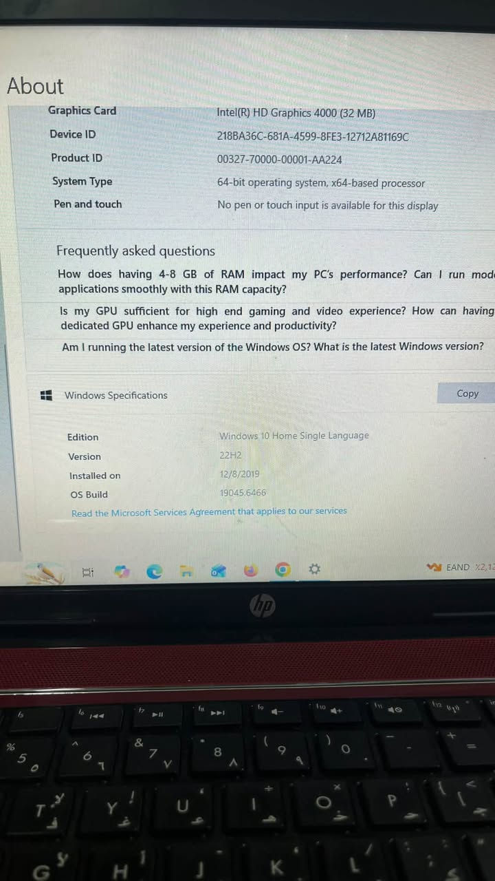 للبيع لابتوب HP Pavilion G6 نظيف كلش وما بي أي عطل، بمعالج i5 ورام 4 جيجا، وهارد تقريباً 700 جيجا، وكرت شاشة Intel HD 4000، وبطارية تدوم أكثر من ساعتين، والشاحن أصلي. ويّاه هدايا وملحقات كيبورد RGB وماوس RGB وسماعات RGB وسبيكرات إضافية. السعر ٢٠٠ ألف دينار عراقي .الجهاز نظيف وجاهز للاستخدام، والبيع ويا كل الملحقات.راسلني خاص***********

نص مكتوب في الصور:
- About Your PC is monitored and protected. See details in Windows Security Installed RAM 4.00 GB DDR3 Processor Intel(R) Core(TM) i5-3230M CPU @ 2.60GHz 2.60 GHz Graphics Card 32 MB Intel(R) HD Graphics 4000 Storage 699 GB 50 GB of 699 GB used DESKTOP-Q7EMEIV HP Pavilion g6 Notebook PC Rename this PC Device Specifications Copy Device Name DESKTOP-Q7EMEIV Processor Intel(R) Core(TM) i5-3230M CPU @ 2.60GHz 2.60 GHz Installed RAM 4.00 GB Graphics Card Intel(R) HD Graphics 4000 (32 MB) Device ID 218BA36C-681A-4599-8FE3-12712A81169C Product ID 00327-70000-00001-AA224
- About
- Graphics Card
- Intel(R) HD Graphics 4000 (32 MB)
- Device ID
- 218BA36C-681A-4599-8FE3-12712A81169C
- Product ID
- 00327-70000-00001-AA224
- System Type
- 64-bit operating system, x64-based processor
- Pen and touch
- No pen or touch input is available for this display
- Frequently asked questions
- How does having 4-8 GB of RAM impact my PC's performance? Can I run modern applications smoothly with this RAM capacity?
- Is my GPU sufficient for high end gaming and video experience? How can having a dedicated GPU enhance my experience and productivity?
- Am I running the latest version of the Windows OS? What is the latest Windows version?
- Windows Specifications
- Copy
- Edition
- Windows 10 Home Single Language
- Version
- 22H2
- Installed on
- 12/8/2019
- OS Build
- 19045.6466
- Read the Microsoft Services Agreement that applies to our services