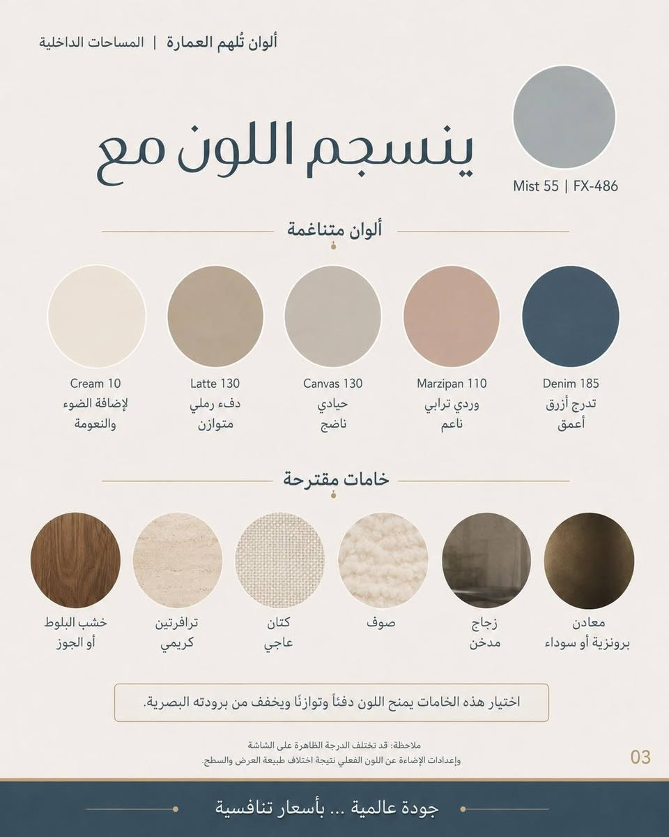 🎨 صمت الغيم… لون يغيّر إحساس المكان!
إذا تبحث عن لون هادئ، راقٍ ومريح للعين، فاختيارك هو صمت الغيم Mist 55 | FX-486 من فاوري التركي ☁️
🔹 أزرق رمادي متوازن وناعم
🔹 يمنح الجدران هدوءاً بصرياً بدون ما يخلي المكان بارد
🔹 ينسجم بسهولة مع الخشب، الرخام، الأقمشة والمعادن
🔹 مناسب لغرف النوم، المجالس، غرف القراءة والممرات
🔹 متوفر بأكثر من 2000 درجة لونية عبر نظام MIX 🎨
✨ لون واحد… ويصنع فرق كبير بديكورك.
📍 وكالة فاوري المسيب
المسيب – حي المعلمين – مقابل المصرف الزراعي
🚚 يتوفر التوصيل إلى كافة المحافظات 
📞 ***********
📞 ***********
وكالة فاوري المسيب | جودة عالمية… بأسعار تنافسية
