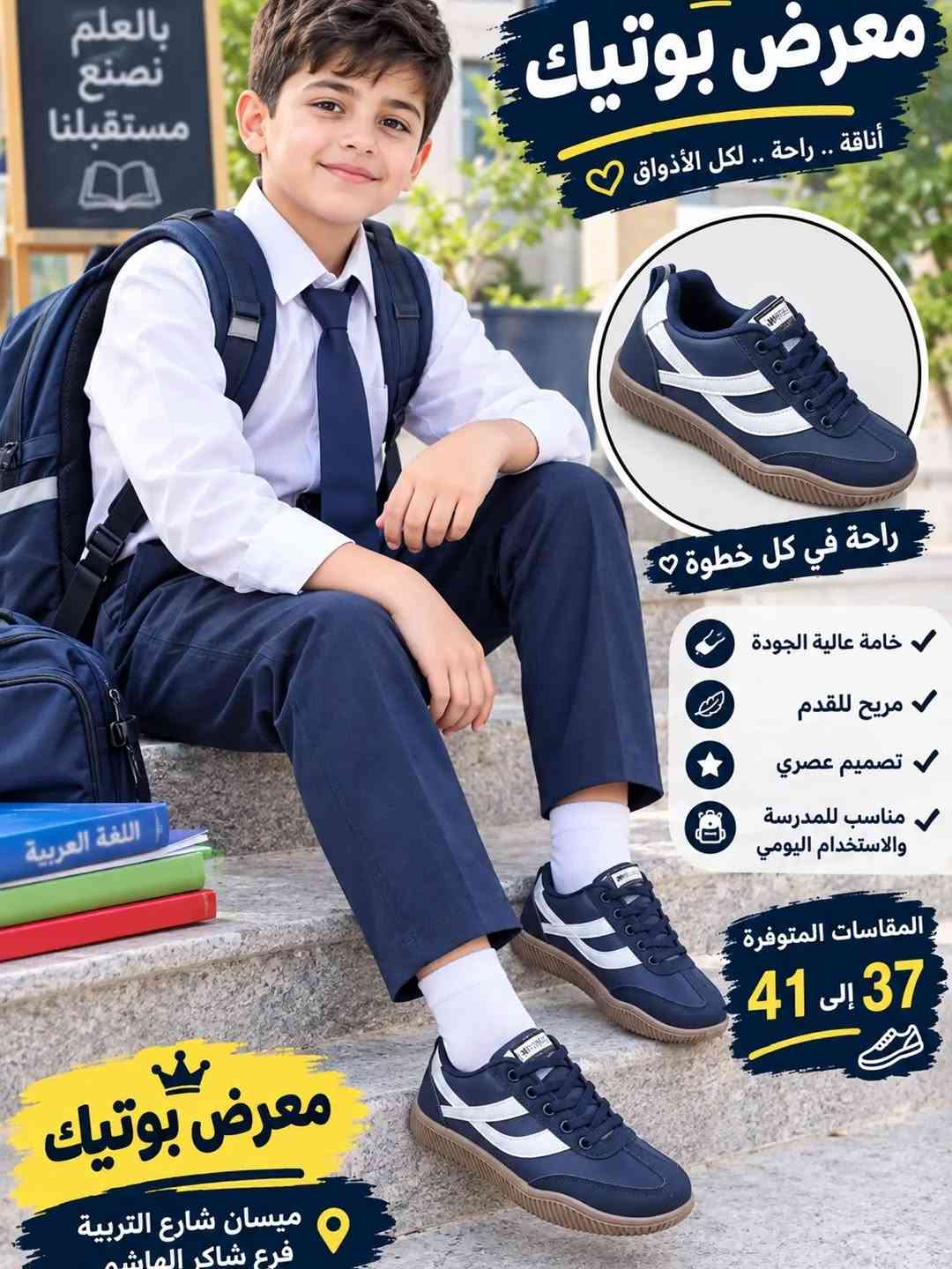 جديد من معرض بوتيك للموسم المدرسي حذاء ولادي وبناتي سبورت (سامبا) قياساته من 37لى41 
السعر 20
تتوفر خدمة التوصيل العنوان ميسان شارع التربيه فرع شاكر الهاشمي اسم المحل معرض بوتيك للاستفسار ارسل رساله الى البيج او على رقم الهاتف ***********

نص مكتوب في الصور:
- معرض بونياك أناقة .. راحة .. لكل الأذواق راحة في كل خطوة خامة عالية الجودة مريح للقدم تصميم عصري مناسب للمدرسة والاستخدام اليومي المقاسات المتوفرة 37 إلى 41 معرض بوتيك ميسان شارع التربية فرع شاكر الهاشم
- معرض بوتيك أناقة .. راحة .. لكل الأذواق راحة في كل خطوة خامة عالية الجودة مريح للقدم تصميم عصري مناسب للمدرسة والاستخدام اليومي المقسات المتوفرة 37 إلى 41 معرض بوتيك ميسان شارع التربية فرع شاكر الهاشم
- معرض بوتيك أناقة .. راحة .. لكل الأخفاق راحة في كل خطوة خامة عالية الجودة مريح للقدم تصميم عصري مناسب للمدرسة والاستخدام اليومي المقاسات المتوفرة 37 إلى 41 معرض بوتيك ميسان شارع التربية فرع شاكر الهاشم تصنع المستقبل
- معرض بوتيك أناقة .. راحة .. لكل الأذواق راحة في كل خطوة خامة عالية الجودة مريح للقدم تصميم عصري مناسب للمدرسة والاستخدام اليومي المقاسات المتوفرة 37 إلى 41 معرض بوتيك ميسان شارع التربية فرع شاكر الهاشم
- معرض بوتياك
- أناقة .. راحة .. لكل الأذواق
- راحة في كل خطوة
- خامة عالية الجودة
- مريح للقدم
- تصميم عصري
- مناسب للمدرسة والاستخدام اليومي
- المقاسات المتوفرة
- 37 إلى 41
- معرض بوتيك
- ميسان شارع التربية
- فرع شاكر الماشط