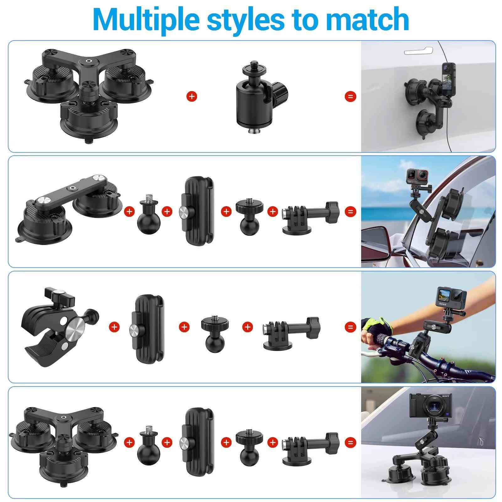 طقم حامل الشفط (Suction Mount) وعصا السيلفي للسيارات والكاميرات
تم تصميم هذا الطقم المتطور لتثبيت كاميرات الأكشن و 360 (مثل Insta360 و GoPro) على السيارة التقاط زوايا سينمائية استثنائية وبثبات تام.
✨ أبرز المميزات:
 ثبات فائق وممتص للصدمات: يحتوي على قاعدتي شفط قويتين (قاعدة ثلاثية ممتصة للاهتزاز وقاعدة ثنائية) للتثبيت المحكم على الزجاج أو هيكل السيارة.
 عصا سيلفي تلسكوبية (1.2 متر): مصنوعة من سبائك الألومنيوم المقوى لإخفاء العصا في تصوير 360 درجة.
 جودة تصنيع عالية: جميع الوصلات والمشابك مصنوعة من الألومنيوم المتين (Aluminum Alloy) لتحمل السرعات والظروف المختلفة.
 حرية التعديل 360 درجة: مفاصل كروية (Ball heads) لمختلف الزوايا للتصوير بسهولة.
📦 محتويات المجموعة:
 1× قاعدة شفط ثلاثية ممتصة للاهتزاز (Shock absorber three suction cup base)
 1× قاعدة شفط ثنائية (Double suction cup base)
 1× عصا سيلفي ألومنيوم تلسكوبية (1.2 متر)
 1× وصلة تمديد ألومنيوم (120 مم)
 1× محول كاميرا (Camera adapter)
 1× مجموعة مشابك ومفاصل كروية (Ball clamp, Pipe clamp, Gimbal)
 وصلات براغي قياسية 1/4 بوصة لتوافق شامل مع الكاميرات
📩 للطلب والاستفسار، يرجى التواصل معنا عبر الرسائل!

***********📞☎️

نص مكتوب في الصور:
- Multiple styles to match
- Multi scenario installationEngine hood, side windows, roof, rear of the car First perspective follow-up shooting
- Adopting shock-absorbing structure Can effectively reduce camera shake caused by bumps Shock absorber Camera shake Stable and unshakable
- Product list Shock absorber three suction cup base * 1 Double suction cup base * 1 1.2m aluminum alloy telescopic selfie stick * 1 120mm aluminum alloy extension rod * 1 Camera adapter * 1 Aluminum alloy ball clamp * 1 Aluminum alloy pipe clamp * 1 Aluminum alloy gimbal * 1 Bottom 1/4 screw ball head * 1 Top 1/4 screw ball head * 1