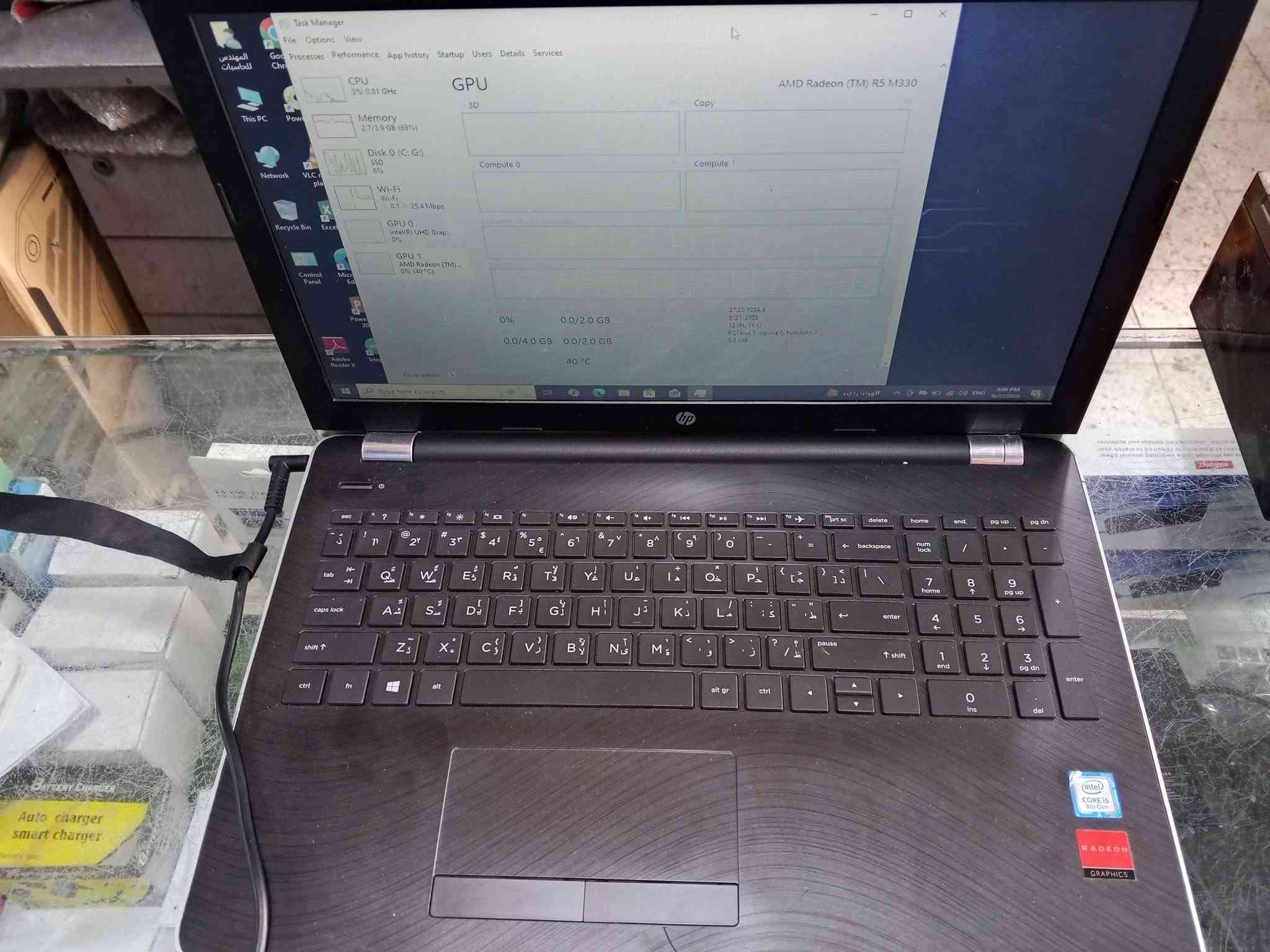 💻 لابتوب HP للبيع – جاهز للعمل والدراسة 🔥
جهاز نظيف وبحالة ممتازة، مناسب للطلاب، العمل المكتبي، التصفح والبرامج اليومية.
🔹 المعالج: Intel Core i5-8250U
🔹 الرام: 4GB DDR4 – 2400MHz
🔹 كرت الشاشة: AMD Radeon R5 M330 2GB + Intel UHD 620
🔹 التخزين: 477GB SSD
🔹 الشاشة: 15.6 إنج HD Anti-Glare
🔹 النظام: Windows 10 64-bit
💰 السعر 425000 دينار عراقي فقط
📞 للتواصل: ***********
📍 العنوان: بغداد – حي الإعلام – شارع سوق أميمة – قرب آيات للتصوير

نص مكتوب في الصور:
- About Installed RAM 4.00 GB Processor Intel(R) Core(TM) i5-8250U CPU @ 1.60GHz Graphics Card 2 GB Storage 477 GB Speed: 2400 MHz 1.80 GHz Multiple GPUs installed 44 GB of 477 GB used DESKTOP-QK8KRJ2 HP Laptop 15-bs1xx Rename this PC Device Specifications Copy Device Name DESKTOP-QK8KRJ2 Processor Intel(R) Core(TM) i5-8250U CPU @ 1.60GHz 1.80 GHz Installed RAM 4.00 GB Graphics Card AMD Radeon (TM) R5 M330 (2 GB), Intel(R) UHD Graphics 620 (128 MB) Storage 477 GB SSD TEAM T253512GB Device ID C330E8AA-BA13-490A-A1D3-27F69B0FCDB2 Product ID 00330-80000-00000-AA071 System Type 64-bit operating system, x64-based processor Pen and touch No pen or touch input is available for this display 34°C مشمس
- Task Manager File Options View Processes Performance App history Startup Users Details Services CPU 50% 2.95 GHz Memory 2.9/3.9 GB (74%) Disk 0 (C: G:) SSD 98% Wi-Fi Wi-Fi S: 0 R: 0 Kbps GPU 0 Intel(R) UHD Grap... 0% GPU 1 AMD Radeon (TM)... 0% (40 C) CPU Intel(R) Core(TM) i5-8250U CPU @ 1.60GHz % Utilization 100% 0 60 seconds Utilization Speed Base speed 1.80 GHz 50% 2.95 GHz Sockets 1 Cores 4 Processes Threads Handles Logical processors 8 167 2416 69312 Virtualization Disabled Hyper-V support Yes Up time L1 cache 256 KB 5:23:12:53 L2 cache 1.0 MB L3 cache 6.0 MB Fewer details Open Resource Monitor Type here to search
- Google Chrome Word 2016 VLC media player Excel Microsoft Ed Powe 20 Adobe Reader X Teleg Task Manager _ File Options View Processes Performance App history Startup Users Details Services CPU 21% 3.03 GHz Memory 2.6/3.9 GB (67%) Disk 0 (C: G:) SSD 30% Wi-Fi Wi-Fi S: 0 R: 0 Kbps GPU 0 Intel(R) UHD Grap... 0% GPU 1 AMD Radeon (TM)... 0% (40 °C) Disk 0 (C: G:) Active time 60 seconds Disk transfer rate 60 seconds Active time 30% Read speed 5.2 MB/s Average response time 1.4 ms Write speed 7.7 MB/s Capacity: Formatted: System disk: Page file: Type: TEAM T253512GB 100% 100 MB/s 60 MB/s 477 GB 477 GB Yes Yes SSD Fewer details Open Resource Monitor Type here to search
- Task Manager File Options View Processes Performance App history Startup Users Details Services CPU 26% 1.97 GHz Memory 2.8/3.9 GB (72%) Disk 0 (C: G:) SSD 9% Wi-Fi Wi-Fi S: 0.1 R: 27.6 Mbps GPU 0 Intel(R) UHD Grap... 0% GPU 1 AMD Radeon (TM)... 0% (40 °C) Fewer details Open Resource Monitor GPU Intel(R) UHD Graphics 620 v 3D 0% v Copy 0% v Video Decode 0% v Video Processing 0% Shared GPU memory usage 2.0 GB Utilization 0% Shared GPU memory 0.1/2.0 GB Driver version 31.0.101.2140 Driver date 11/5/2025 DirectX version 12 (FL 12.1) Physical location PCI bus 0, device... Type here to search
- Task Manager
- File Options View
- Processes Performance App history Startup Users Details Services
- CPU
- 5% 1.49 GHz
- Memory
- 2.7/3.9 GB (69%)
- Disk 0 (C: G:)
- SSD
- 23%
- Wi-Fi
- S: 0.1 R: 31.6 Mbps
- GPU 0
- Intel(R) UHD Grap...
- 0%
- GPU 1
- AMD Radeon (TM)...
- 0% (40 °C)
- GPU
- AMD Radeon (TM) R5 M330
- 0% 3D 0% Copy 0%
- 0% Compute 0 0% Compute 1 0%
- 2.0 GB
- Dedicated GPU memory usage
- Shared GPU memory usage
- Utilization
- GPU Memory
- 0.0/4.0 GB
- Dedicated GPU memory
- 0.0/2.0 GB
- Shared GPU memory
- GPU Temperature
- 40 °C
- Driver version:
- Driver date:
- DirectX version:
- Physical location:
- Hardware reserved memory:
- 27.20.1034.6
- 8/21/2020
- 12 (FL 11.1)
- PCI bus 1, device 0, function 0
- 8.8 MB
- Fewer details Open Resource Monitor
- Type here to search
- الهواء: رديء
