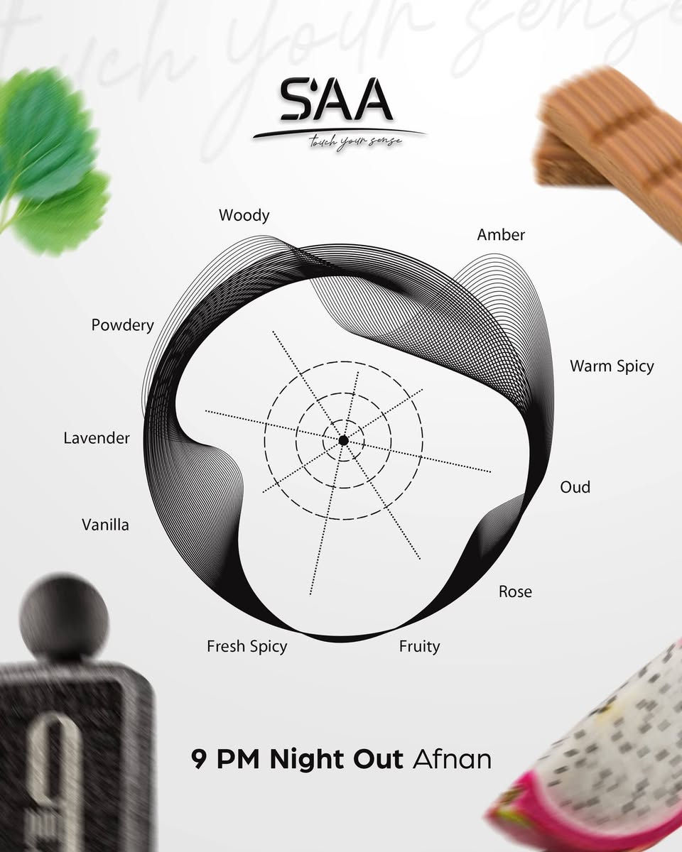 9 PM Night Out من Afnan – أفنان 9 مساءً نايت أوت
عطر للجنسين، بطابع فاكهي، حار وعنبرّي. �

🌿 نوتات العطر

🔝 المقدمة: فاكهة التنين، البرغموت، الكونياك، اللافندر، التفاح.

❤️ القلب: الهيل، الماهوجني، الجلد السويدي، التوفي، خشب الأرز.

🖤 القاعدة: فول التونكا، أكيغالاوود، أمبروفيكس، الباتشولي. �

✨ 
عطر جريء وأنيق، يبدأ بانتعاش فاكهي جذاب، ثم يظهر دفء التوفي والهيل والجلد السويدي، ويستقر على قاعدة خشبية وعنبرية عميقة تمنحه حضورًا فخمًا ولافتًا. صُمم لأجواء الليل والمناسبات التي تحتاج عطراً يترك بصمة واضحة. �

💎 
"عطر لليلة مختلفة… حضور فاخر، دفء جذاب، وبصمة ما تنسى من أول رشة 🖤✨ جرّبه وخلي عطرك يحچي عنك."

#بيت #العطور #المركزة 👑🏠🤍

نص مكتوب في الصور:
- SAA touch your sense 9 PM NIGHT OUT AFNAN 9 PM NIGHT OUT BY AFNAN IS A ORIENTAL SPICY FRAGRANCE FOR WOMEN AND MEN. THIS IS A NEW FRAGRANCE. 9 PM NIGHT OUT WAS LAUNCHED IN 2026. 9 PM NIGHT OUT WAS CREATED BY QUENTIN ROUSSEL AND IMRAN FAZLANI. TOP NOTES ARE PITAHAYA, COGNAC, LAVENDER, APPLE AND BERGAMOT; MIDDLE NOTES ARE TOFFEE, SUEDE, CARDAMOM, CEDAR AND MAHONIAL; BASE NOTES ARE TONKA BEAN, AKIGALAWWOOD, AMBROFIX™ AND PATCHOULI.
- SAA touch your sense Woody Amber Powdery Warm Spicy Lavender Oud Vanilla Rose Fresh Spicy Fruity 9 PM Night Out Afnan
