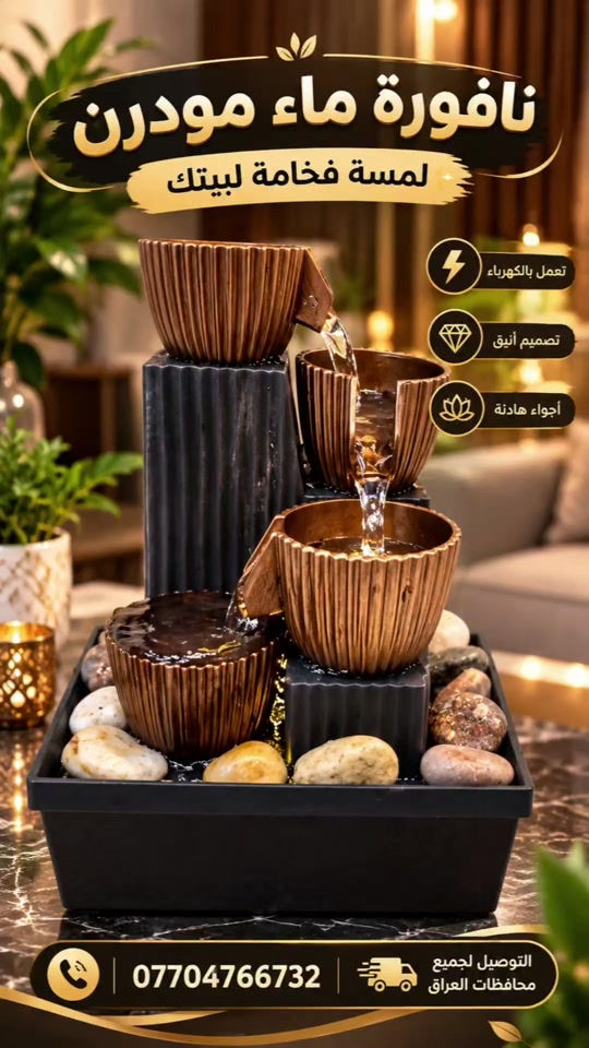 نافورة ماء، نافورة كهربائية، نافورة مودرن، ديكور منزل، ديكور مكتب، اكسسوارات منزلية نافورة ماء مودرن كهربائية – لمسة فخامة لبيتك غيّر أجواء المكان بقطعة ديكور مميزة 😍 نافورة ماء كهربائية بتصميم مودرن وأنيق تضيف لمسة هادئة وجميلة للمكان، مناسبة للبيت والمكتب والديكور. 🔹 تصميم عصري وجذاب 🔹 تعمل بالكهرباء 🔹 صوت وحركة ماء تضيف أجواء هادئة 🔹 مناسبة للديكور داخل البيت أو المكتب 🔹 قطعة جميلة ومميزة للضيافة والديكور ✨ ديكور بسيط… فرق كبير بأجواء المكان! 📞 للطلب والاستفسار: *********** 🚚 التوصيل متوفر لكل محافظات العراق #نافورة_ماء #نافورة_كهربائية #نافورة_مودرن #ديكور #ديكور_منزل 

نص مكتوب في الصور:
- نافورة ماء مودرن لمسة فخامة لبيتك تعمل بالكهرباء تصميم أنيق أجواء هادئة *********** التوصيل لجميع محافظات العراق