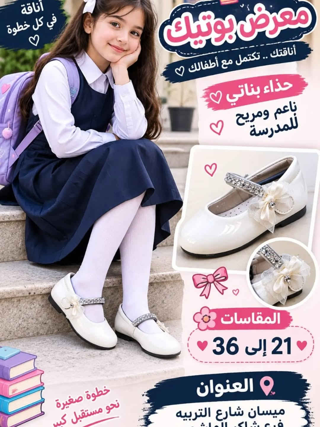 جديد من معرض بوتيك للموسم المدرسي حذاء بناتي فلات للبدلات والمناسبات قياساته من 21الى36 
السعر 15
تتوفر خدمة التوصيل العنوان ميسان شارع التربيه فرع شاكر الهاشمي اسم المحل معرض بوتيك للاستفسار ارسل رساله الى البيج او على رقم الهاتف ***********

نص مكتوب في الصور:
- العودة إلي المدرسة معرض بوتيك أناقتك .. تكتمل مع أطفالك حذاء بناتي ناعم ومريح للمدرسة المقاسات 21 الى 36 العنوان ميسان شارع التربيه فرع شاكر الهاشمي خطوة صغيرة نحو مستقبل كبير
- أناقة في كل خطوة معرض بوتيك أناقتك .. تكتمل مع أطفالك حذاء بناتي ناعم ومريح للمدرسة المقاسات 21 إلى 36 العنوان ميسان شارع التربيه فرع شاكر الملاك خطوة صغيرة نحو مستقبل كبير
- العودة إلى المدرسة معرض بوتيك أناقتك .. تكتمل مع أطفالك حذاء بناتي ناعم ومريح للمدرسة المقاسات 21 الى 36 العنوان ميسان شارع التربيه فرع شاكر الهاشمى خطوة صغيرة نحو مستقبل كبير معرض بوتيك