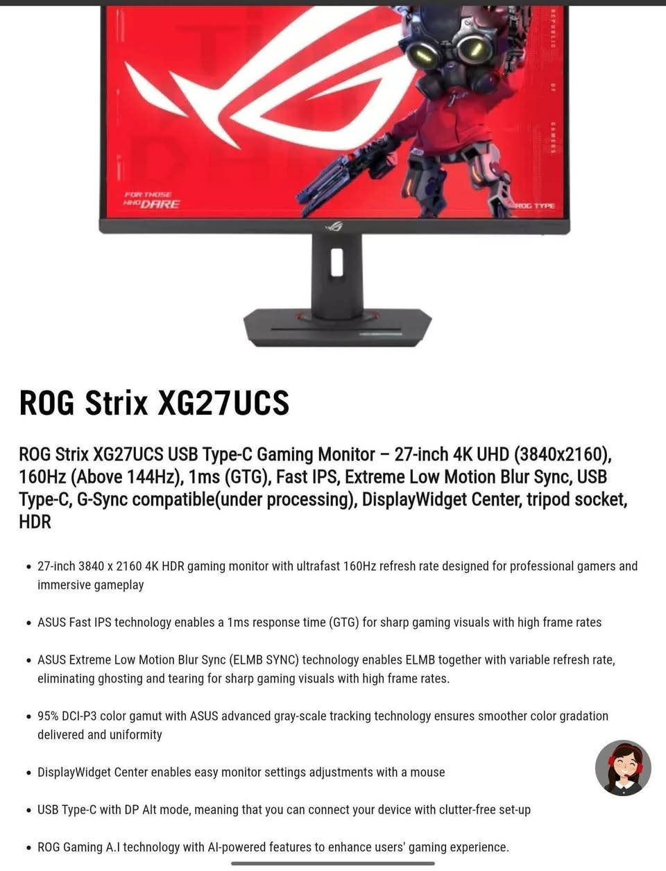 شاشة ألعاب للبيع ROG Strix XG27UCS السعر 500 الف
التواصل واتس 

***********

ملاحظة: الشاشة تدعم GSync و freeSync

4k hdr 160hz

المواصفات بالتفصيل 👇👇

ROG Strix XG27UCS USB Type-C Gaming Monitor – 27-inch 4K UHD (3840x2160), 160Hz (Above 144Hz), 1ms (GTG), Fast IPS, Extreme Low Motion Blur Sync, USB Type-C, G-Sync compatible(under processing), DisplayWidget Center, tripod socket, HDR
