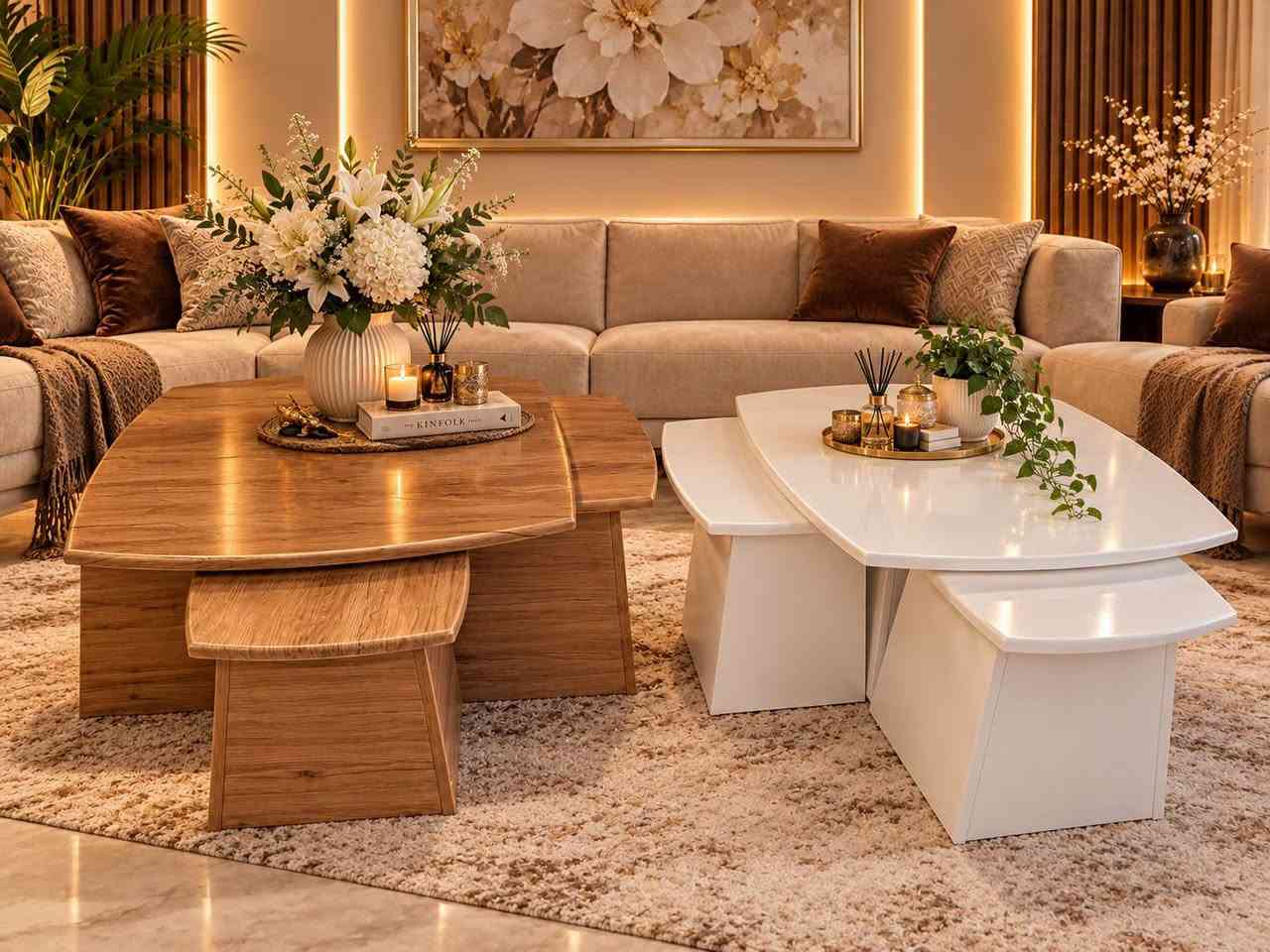 سيت طبلات طبله وسطية مع3صغار 
موديلات جديده في تصميم عصري وأنيق لاصحاب الذوق الرفيع والتميز 👌👌 

خشب مرمري ضد الماء وايضا الحراره ثقيل جدا 💯 
يتوفر في الونين ابيض وجوزي 

منشأ تركي 😍🇹🇷 

للحجز والاستفسار يمكنك مراسلتنا على الصفحه الرئيسيه 
وايضا يمكنك لاتصال واتساب او تصال هاتفي 📞📞
رقم الهاتف ***********

توجد خدمه توصيل كافه محافظات العراق 🚛🚛🚛🚛

نص مكتوب في الصور:
- طاولة وسطية + 3 طبلات منفصلة بتصميم عصري وأنيق خشب عالي الجودة تصميم عصري يناسب جميع الديكورات سطح سهل التنظيف قواعد ثابتة ومتينة سطح أملس بتفاصيل طبيعية قواعد قوية ومتينة 3 طبلات منفصلة