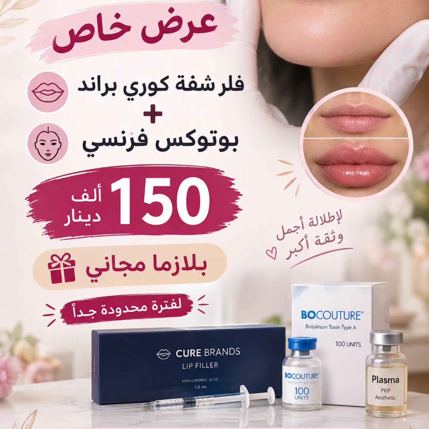 عروض تجميل جديده بمناسبة افتتاح عيادتنا بعد تجديدها
العروض لمدة اسبوعين ابتداءا من ٢٦ /٩ الى ١٠/١٠
تنورونا وتشرفونا 

🎈تنويه / يوم السبت والخميس لود قوي 

#نسائية #تجميل #تغذية #بسماية

نص مكتوب في الصور:
- الدكتورة فضيلة العارف بكالوريوس طب وجراحة عامه عرض تجميل فلر شفة كوري فلر ذقن مع بلازما مجاني 150 ألف دينار شفاه أكثر امتلاءً وجمالاً تحديد الذقن وبروز أجمل نتائج طبيعية وآمنة إطلالة أكثر شبابًا وثقة مجمع الوتد بسمايا الشارع العام قرب برهومي *********** ***********
- عرض خاص فلر شفة كوري براند + بوتوكس فرنسي 150 ألف دينار بلازما مجاني لفترة محدودة جداً لإطلالة أجمل وثقة أكبر
- الدكتورة فضيلة العارف بكالوريوس طب وجراحة عامه عرض تجميل فلر شفة كوري + ابرة نضارة وتبييض 125 ألف دينار مع بلازما مجاني شفاه أكثر امتلاءً وجمالاً بشرة أكثر نضارة وإشراقاً تفتيح وتوحيد لون البشرة نتائج طبيعية وآمنة مجمع الوتد بسمايا الشارع العام قرب برهومي *********** ***********
- الدكتورة فضيلة العارف بكالوريوس طب وجراحة عامه عرض تجميل فلر شفة فرنسي بوتوكس فرنسي 200 ألف دينار مع سيروم براند مجاني شفاه أكثر امتلاءً وجمالاً تقليل التجاعيد وشد البشرة نتائج طبيعية ومظهر شاب إطلالة أكثر ثقة وجاذبية مجمع الوتد بسمايا الشارع العام قرب برهومي *********** ***********
- الدكتورة فضيلة العارف بكالوريوس طب وجراحة عامه عرض تجميل فلر وجنات واصداغ 3 سيسي كوري + ابرة نضارة وتبييض 200 ألف دينار مع بلازما مجاني تحديد والنفخ الوجنتين تعبئة وتحسين الاصداغ بشرة أكثر نضارة وتفتيح نتائج طبيعية وأمنة *********** *********** مجمع الوتد بسمايا الشارع العام قرب برهومي
