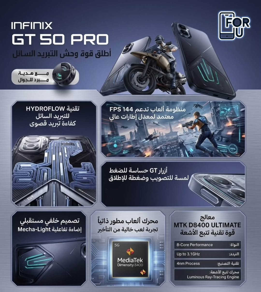🔥🎮 وحش الألعاب والتبريد وصل إلى For U! 🎮🔥
إذا تريد أداء احترافي بكل لعبة، فـ Infinix GT 50 Pro جاهز يرفع مستواك! ⚡

✅ شاشة 1.5K بتردد 144Hz
✅ تشغيل الألعاب حتى 144FPS
✅ معالج Dimensity 8400 Ultimate القوي
✅ أزرار GT حساسة للضغط لتجربة لعب احترافية
✅ شريحة شبكة N1 المطوّرة لاتصال أكثر استقرارًا
✅ نظام تبريد سائل HydroFlow للحفاظ على الأداء بأقصى قوة
✅ أداء أفضل حتى 60% عند ضعف الإشارة

🎁 والمفاجأة؟
مع الجهاز تحصل على مبرد جوال هدية لفترة محدودة! 🔥❄️

📩 للحجز والاستفسار راسل صفحة For U أو عبر الواتساب:
***********

#ForU #Infinix #InfinixGT50Pro #GT50Pro #GamingPhone #InfinixIraq #ببجي #ألعاب_الموبايل #هواتف_الألعاب
