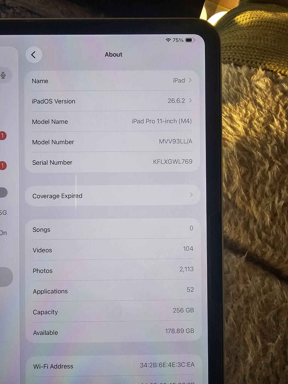 السلام عليكم ورحمة الله
Ipad pro 11-inch M4 
البطارية 93  الذاكرة 256  مع القلم pencil pro  السعر  1.100.000 
للتواصل على الواتساب : ***********

نص مكتوب في الصور:
- 75% About iPad iPad Pro 11-inch (M4) 26.6.2 MVV93LL/A KFLXGWL769 Name iPadOS Version Model Name Model Number Serial Number Coverage Expired 0 104 Songs 2,113 Videos 52 Photos 256 GB Applications 178.89 GB Capacity Available 34:2B:6E:4E:3C:EA 34:2B:6E:4E:68:2B Wi-Fi Address Bluetooth net_5G On 1 lligence & Siri encil
- About Name iPad iPadOS Version 26.6.2 Model Name iPad Pro 11-inch (M4) Model Number MVV93LL/A Serial Number KFLXGWL769 Coverage Expired Songs 0 Videos 104 Photos 2,113 Applications 52 Capacity 256 GB Available 178.89 GB Wi-Fi Address 34:2B:6E:4E:3C:EA