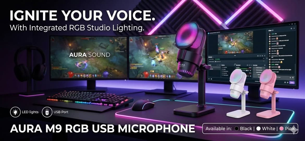 متوفر مايكات ب3 أنواع
للتواصل خاص او واتساب ***********

نص مكتوب في الصور:
- UNLEASH YOUR VOICE. PROFESSIONAL STUDIO BUNDLE BM-800 SERIES COMPATIBLE HIGH-SENSITIVITY DIAPHRAGM ADVANCED NOISE REDUCTION PLUG & PLAY WITH AUDIO INTERFACE
- M12: PRO PERFORMANCE USB CONDENSER MICROPHONE LED STUDIO LIGHTS PLUG-AND-PLAY USB DYNAMIC RGB LIGHTING IGNITE YOUR STREAM.
- IGNITE YOUR VOICE. With Integrated RGB Studio Lighting. AURA SOUND LED lights USB Port AURA M9 RGB USB MICROPHONE Available in: Black | White | Pink