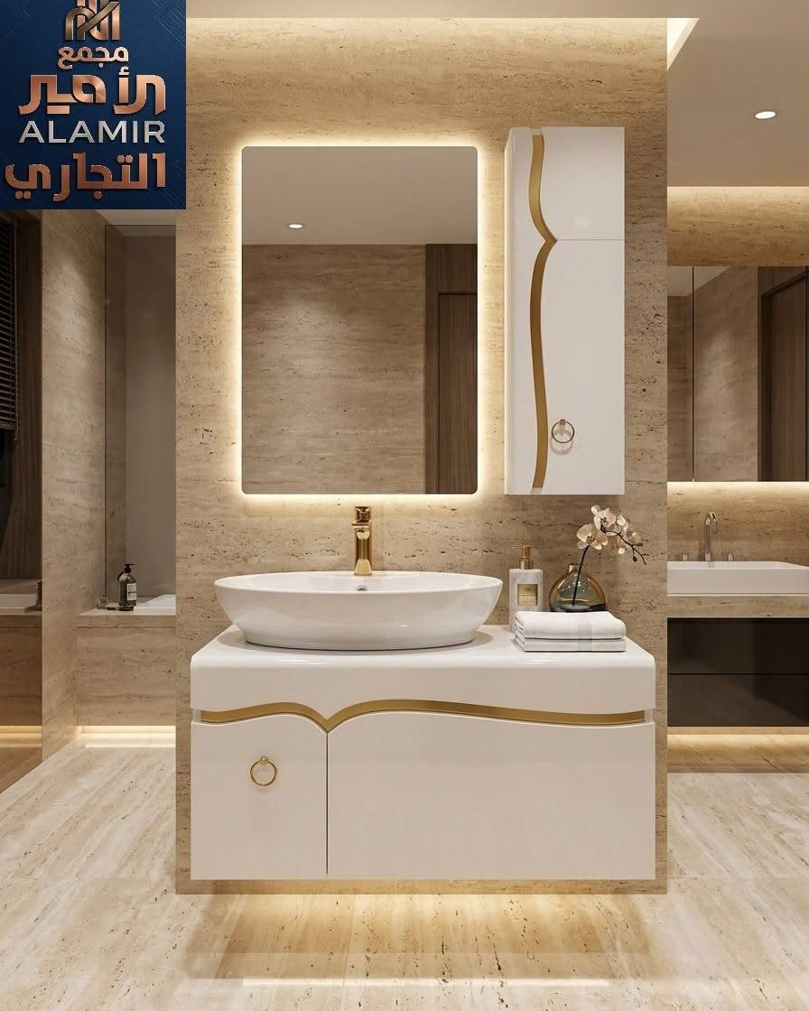 تموجات الذهبي على نقاء الأبيض.. أنشئ حمام أحلامك! 🤍✨

​موديل استثنائي جديد يجمع بين بساطة اللون الأبيض وفخامة الخطوط الموجية الذهبية والمقابض الحلقية، متوفر الآن في #مجمع_الأمير_التجاري.

​🔹 مواصفات وتفاصيل الطقم:

​📐 قياسات مثالية: عرض الخزانة السفلية 60 سم (عرض المرآة مع الخزانة الجانبية 65 سم / ارتفاع 70 سم)، مناسبة جداً لمختلف المساحات. 

​👑 تفاصيل ذهبية انسيابية: شريط موجي ذهبي مطعم بدقة مع مقابض حلقية فاخرة.

​💡 مرآة LED ذكية: مرآة مستطيلة بإضاءة خفية دافئة تبرز جمال جدران الحمام.

​📦 تخزين ذكي: خزانة سفلية معلقة + خزانة علوية جانبية لاستغلال المساحة العمودية وترتيب كل مستلزماتك.

​🥼 حوض كاونتر بيضاوي: سيراميك أبيض عالي الجودة ناعم وسهل التنظيف.

​اجعل حمامك عنواناً للأناقة اليوم! ✨

​📍 العنوان: كربلاء المقدسة - منطقة الچاير - قرب مستشفى العباس الأهلي.

🚚 التوصيل: متاح وسريع لكافة المحافظات العراقية.

📞 للطلب والاستفسار
 *********** | ***********

​#مجمع_الأمير_التجاري #كربلاء #الچاير #مغاسل_مودرن #مغسلة_معلقة #صحيات_كربلاء #ديكورات #Karbala

نص مكتوب في الصور:
- مجمع الأمير التجاري 65cm 45cm 20cm 70cm 70cm 60cm
- مجمع الأمير التجاري ALAMIR
- مجمع الأمير التجاري ALAMIR 65cm 45cm 20cm 70cm 70cm 60cm