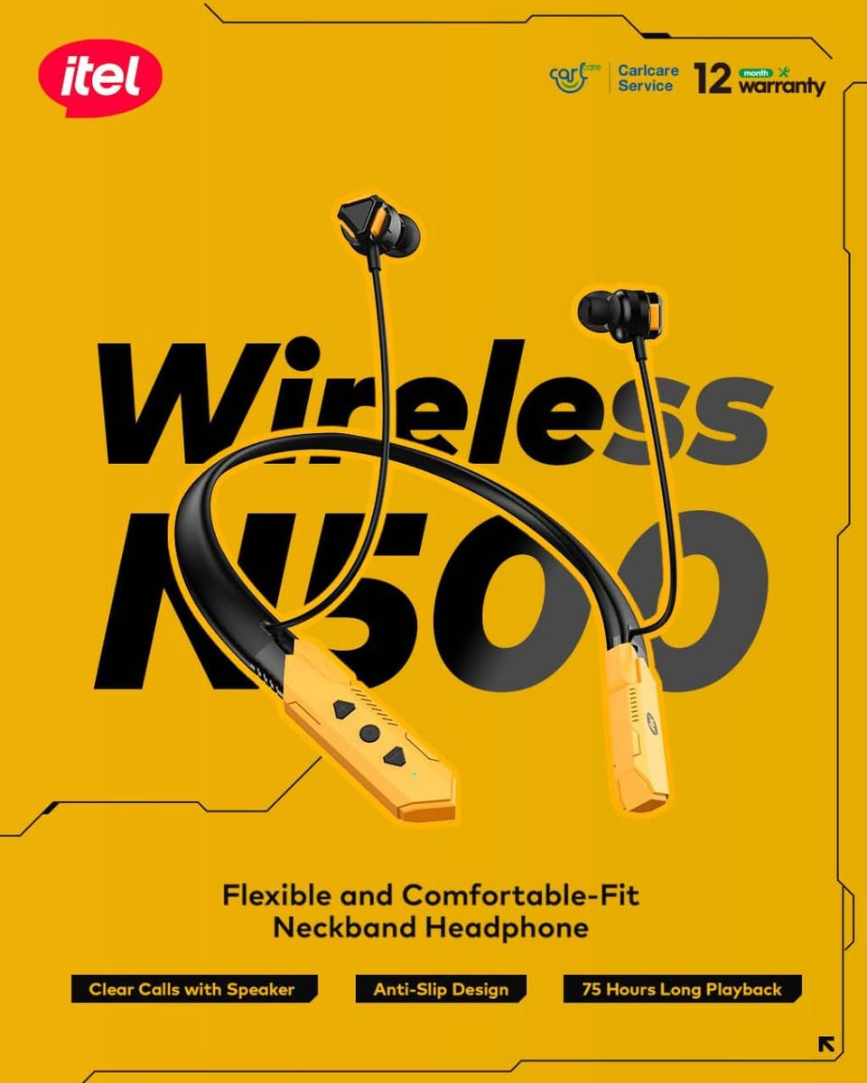 ⚡️ سماعة الرقبة itel Wireless N500 – بطارية خيالية تدوم 75 ساعة!
🚀 المميزات والمواصفات:

🔹 بطارية جبارة (75 ساعة): استمتع بوقت تشغيل خيالي يصل إلى 75 ساعة متواصلة من الاستماع والمكالمات، مما يغنيك عن الشحن المتكرر لأيام طويلة.

🔹 مكالمات فائقة الوضوح: تضمن لك صوتاً نقياً وصافياً أثناء المكالمات الهاتفية بفضل تقنية الصوت المدمجة (Clear Calls with Speaker).

🔹 تصميم مريح ومرن: طوق الرقبة مصمم بمرونة عالية (Flexible and Comfortable-Fit) ليناسب شكل الرقبة ويوفر راحة تامة عند ارتدائه طوال اليوم.

🔹 ثبات عالي ومضاد للانزلاق: تتميز بتصميم مانع للانزلاق (Anti-Slip Design) يحافظ على ثبات السماعة أثناء المشي أو الحركة.

🔹 ضمان حقيقي: تأتي مع ضمان رسمي لمدة 12 شهراً مدعوم من خدمة Carlcare، مما يضمن لك جودة وعمر المنتج.

🔹 شكل عصري وأنيق: تصميم مميز باللونين الأسود والأصفر يضفي لمسة رياضية وعصرية تناسب مختلف الأذواق.

اقم *********** 
📦 السعر: 15 الف !
