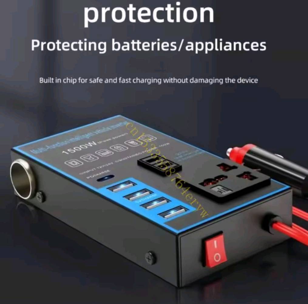 هذا الجهاز هو محول طاقة ذكي ومتعدد الوظائف للسيارة (Car Power Inverter) بقوة تصل إلى 1500 واط، ويقوم بتحويل طاقة بطارية السيارة (12 فولت أو 24 فولت) إلى كهرباء منزلية (220 فولت).💡 المميزات الرئيسيةتحويل الطاقة: يحول التيار المستمر إلى تيار متردد للاستخدام الخارجي.منافذ متعددة: مزود بمنافذ USB للشحن ومخرج كهرباء AC وقابس عالمي.فتحات ولاعة إضافية: يتيح تشغيل أجهزة متعددة مثل منفاخ الهواء أو المكنسة.                                              ✅ الاستخدامات الشائعة :-              التخييم والرحلات: تشغيل الأجهزة الصغيرة والإنارة أثناء السفر.الشحن السريع: شحن الهواتف والأجهزة اللوحية داخل السيارة.الطوارئ: توفير مصدر طاقة بديل عند الحاجة.