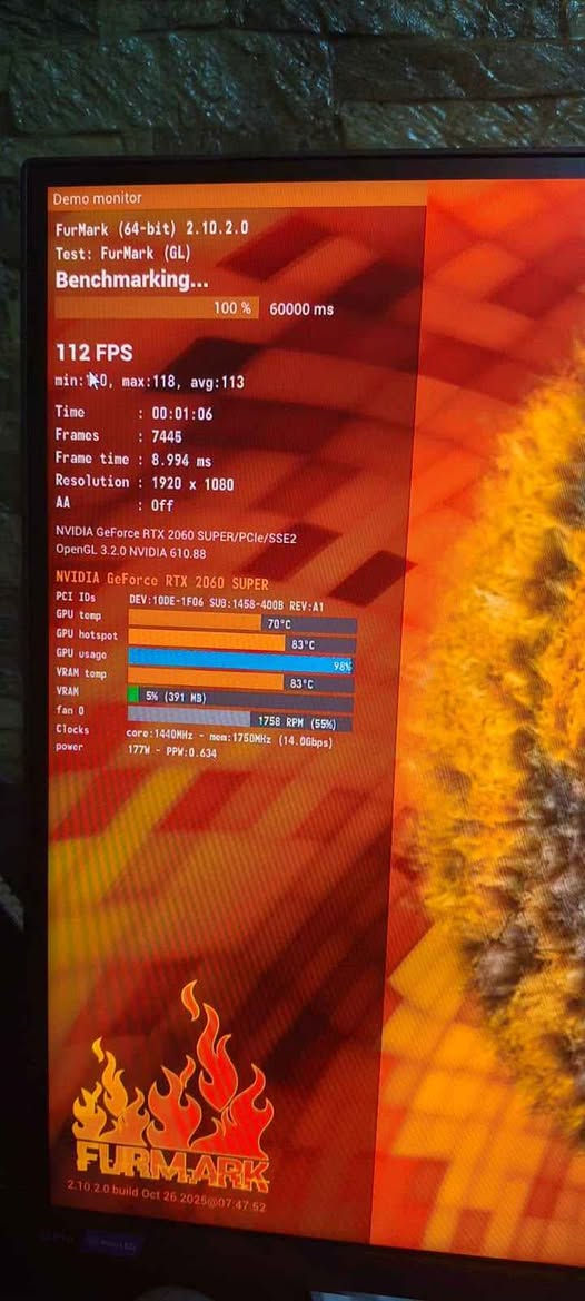 Cori5 10400f

Rtx 2060s

Ram 16 

M2 265

Ssd 500 

MB b460

UPS 2000VA  صارلة اسبوع

مراوس بلابتوب او بيع

السعر 800 الف مكاني بغداد ابو غريب توصيل داخل بغداد فقط
*********** رقم واتس بغداد, العراق

نص مكتوب في الصور:
- Demo monitor FurMark (64-bit) 2.10.2.0 Test: FurMark (GL) Benchmarking... 100% 60000 ms 110 FPS min: 109, max: 118, avg: 112 Time : 00:01:24 Frames : 9490 Frame time : 9.298 ms Resolution : 1920 x 1080 AA : Off NVIDIA GeForce RTX 2060 SUPER/PCIe/SSE2 OpenGL 3.2.0 NVIDIA 610.88 NVIDIA GeForce RTX 2060 SUPER PCI IDs DEV:10DE-1F06 SUB:1458-400B REV:A1 GPU temp 70 °C GPU hotspot 83 °C GPU usage 99% VRAM temp 83 °C VRAM 5% (391 MB) fan 0 1831 RPM (57%) Clocks core: 1426MHz - mem: 1750MHz (14.0Gbps) power 165W - PPW: 0.668 FURMARK 2.10.2.0 build Oct 26 2025@07:47:52 G Pro Mini LED
