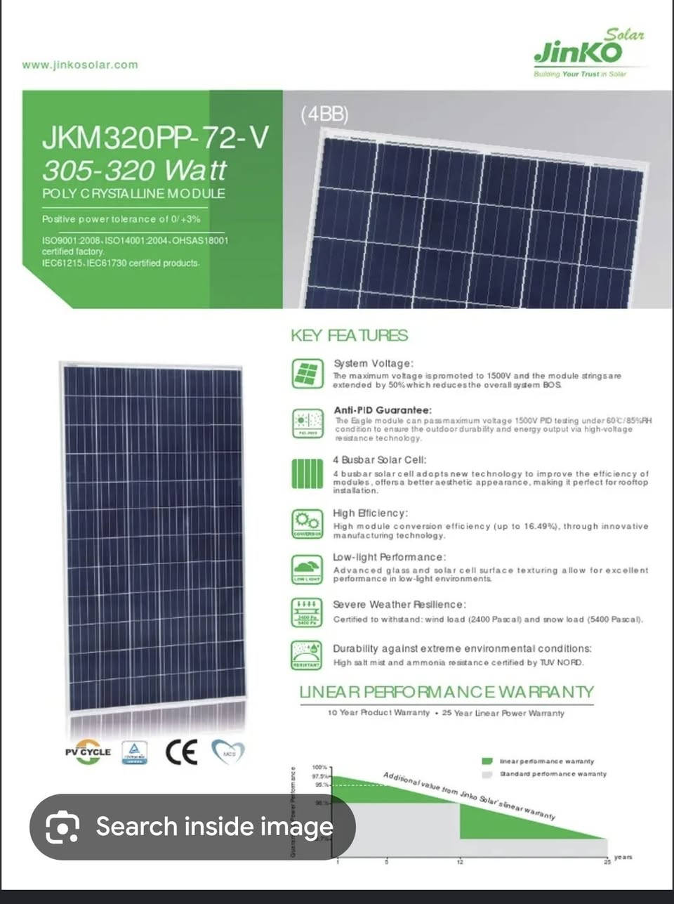 ألواح طاقة شمسية مستعملة - جينكو سولار (Jinko Solar) للبيع 
 * العدد: 12 لوح.
 * النوعية: جينكو سولار (Monocrystalline) مستعملة.
 * القدرة: 300 - 320 واط للوح الواحد.
 * الحالة:
   * مستعملات وشغالات وتوليدهن جيد.
   * تحتوي على خطوط فطور بسيطة بالخلايا (مسارات سنايل) ناتجة عن الاستخدام الطبيعي.
   * النظافة العامة والأسلاك وبوكس التوصيل بحالة جيدة 
 السعر:
 * سعر اللوح المفرد: 25 ألف دينار عراقي.
 * السعر الإجمالي (للتجميلة كاملة - 12 لوح): 300 ألف دينار عراقي.
   (الأولوية للبيع جملة).
📍 المكان: [الموصل/حي النور]
📞 للتواصل والاستفسار: [***********]

#طاقةشمسية 
#الواح

نص مكتوب في الصور:
- www.jinkosolar.com JinkoSolar Building Your Trust in Solar JKM320PP-72-V 305-320 Watt POLY CRYSTALLINE MODULE (4BB) Positive power tolerance of 0/+3% ISO9001:2008, ISO14001:2004, OHSAS18001 certified factory. IEC61215, IEC61730 certified products. KEY FEATURES System Voltage: The maximum voltage is promoted to 1500V and the module strings are extended by 50% which reduces the overall system BOS. Anti-PID Guarantee: The Eagle module can pass maximum voltage 1500V PID testing under 60 C/85%RH condition to ensure the outdoor durability and energy output via high-voltage resistance technology. 4 Busbar Solar Cell: 4 busbar solar cell adopts new technology to improve the efficiency of modules, offers a better aesthetic appearance, making it perfect for rooftop installation. High Efficiency: High module conversion efficiency (up to 16.49%), through innovative manufacturing technology. Low-light Performance: Advanced glass and solar cell surface texturing allow for excellent performance in low-light environments. Severe Weather Resilience: Certified to withstand: wind load (2400 Pascal) and snow load (5400 Pascal). Durability against extreme environmental conditions: High salt mist and ammonia resistance certified by TUV NORD. LINEAR PERFORMANCE WARRANTY 10 Year Product Warranty 25 Year Linear Power Warranty 100% 97.5% 95% 90% 25 12 Additional value from Jinko Solar's linear warranty linear performance warranty standard performance warranty years Guaranteed Power Performance Search inside image