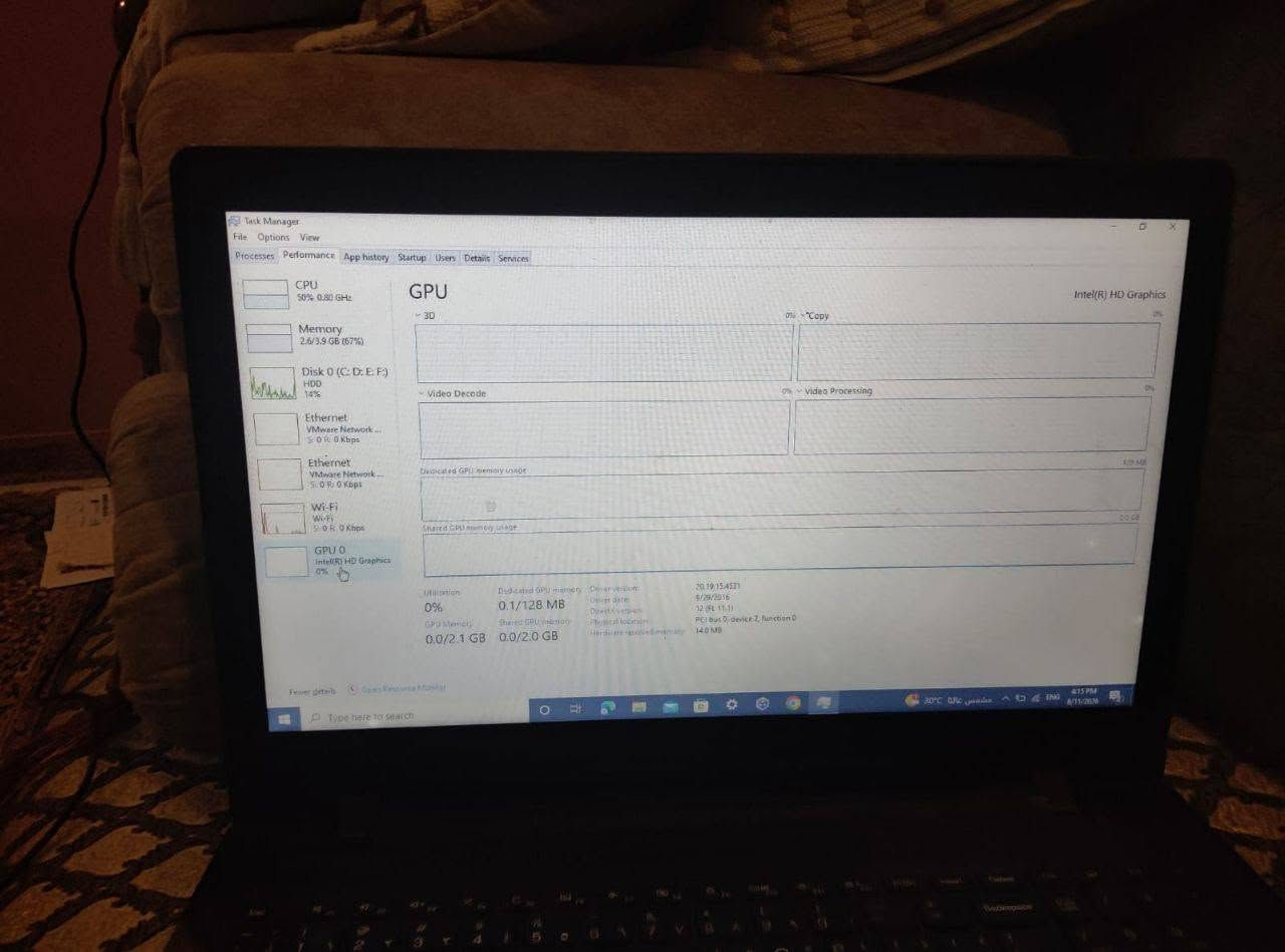 سلام عليكم للبيع لابتوب لينوفو الجهاز شغال يحتاج تغيرله البطاريه فقط
المواصفات: 
هارد تخزين hdd500
رام 4
كارت مدمج
اللابتوب يفيد للتصفح ومحلات الطباعه
السعر 75
للتواصل خاص او واتساب ***********

نص مكتوب في الصور:
- Task Manager File Options View Processes Performance App history Startup Users Details Services CPU 50% 0.80 GHz Memory 2.6/3.9 GB (67%) Disk 0 (C: D: E: F:) HDD 14% Ethernet VMware Network... 0% 0 Kbps Ethernet VMware Network... 0% 0 Kbps Wi-Fi Wi-Fi 0% 0 Kbps GPU 0 Intel(R) HD Graphics 0% GPU 3D Video Decode Video Processing Dedicated GPU memory usage Shared GPU memory usage Utilization 0% GPU Memory 0.0/2.1 GB Dedicated GPU memory 0.1/128 MB Shared GPU memory 0.0/2.0 GB Driver version Driver date DirectX version Physical location Hardware reserved memory 20.19.15.4531 5/29/2016 12 (FL 11.1) PCI bus 0, device 2, function 0 140 MB Intel(R) HD Graphics Type here to search 30°C مسبش عالية ENG 4:15 PM 6/11/2020
- Task Manager File Options View Processes Performance App history Startup Users Details Services CPU 50% 0.80 GHz Memory 2.6/3.9 GB (67%) Disk 0 (C: D: E: F:) HDD 15% Ethernet VMware Network... 5:0 R: 0 Kbps Ethernet VMware Network... 5: 0 R: 0 Kbps Wi-Fi Wi-Fi 5: 0 R: 0 Kbps GPU 0 Intel(R) HD Graphics 0% Memory usage 60 seconds Memory composition In use (Compressed) 2.5 GB (121 MB) Committed 2.8/6.0 GB Paged pool 187 MB Available 1.3 GB Non-paged pool 193 MB Speed 1600 MHz Slots used 2 of 2 Form factor SODIMM Hardware reserved 65.8 MB 4.0 GB DDR3 3.9 GB Type here to search 4:14 PM 8/11/2026
- Task Manager File Options View Processes Performance App history Startup Users Details Services CPU 50% 0.80 GHz Memory 2.6/3.9 GB (67%) Disk 0 (C: D: E: F:) HDD 32% Ethernet VMware Network... 0 R: 0 Kbps Ethernet VMware Network... 0 R: 0 Kbps Wi-Fi Wi-Fi 0 R: 0 Kbps GPU 0 Intel(R) HD Graphics 0% CPU % Utilization Intel(R) Celeron(R) CPU N3060 @ 1.60GHz 100% 60 Seconds Utilization Speed Base speed: 1.60 GHz 50% 0.80 GHz Sockets: 1 Cores: 2 Processes Threads Handles Logical processors: 2 161 1803 60894 Virtualization: Disabled L1 cache: 32 KB L2 cache: 2.0 MB Up time 0:00:45:50 Fewer details Resource Monitor Type here to search 30°C 4:14 PM 4/11/2026