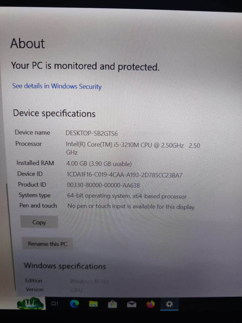 السلام عليكم
كور i5 جيل 3
نظافه 95%
هارد 128 ssd
يحتاجلهاا فقط بطارية 
وتشتغل ع كهرباء طبيعي 
السعر 150 وبيها مجال بسيط
ومتوفر توصيل لجميع محافظات العراق مجاني 

***********

نص مكتوب في الصور:
- Memory 4.0 GB DDR3
- About Your PC is monitored and protected. See details in Windows Security Device specifications Device name DESKTOP-SB2GTS6 Processor Intel(R) Core(TM) i5-3210M CPU @ 2.50GHz 2.50 GHz Installed RAM 4.00 GB (3.90 GB usable) Device ID 1CDA1F16-C019-4CAA-A193-2D785CC23BA7 Product ID 00330-80000-00000-AA638 System type 64-bit operating system, x64-based processor Pen and touch No pen or touch input is available for this display Copy Rename this PC Windows specifications Edition Windows 10 Pro Version 22H2
- App history Startup Users Details Services 2.89 GHz mory 3.9 GB (64%) sk 0 (C:) D 0% Wi-Fi Wi-Fi S: 256 R: 400 Kbps Memory 4.0 GB DDR3 Memory usage 3.9 GB 60 seconds 0 Memory composition In use (Compressed) Available Speed: 20307 M... 2.4 GB (59.0 MB) 1.4 GB Slots used: 2 of 2 Form factor SODIMM Committed Cached Hardware reserved: 106 MB 2.4/5.3 GB 1.3 GB Paged pool Non-paged pool 119 MB 455 MB ver details Open Resource Monitor
- Details Services 0 (C:) Intel Raid 0 Volume 100% 0 10 MB/s 7 MB/s 0 Average response time 6.6 ms Write speed 4.3 MB/s Capacity: 119 GB Formatted: 107 GB System disk: Yes Page file: Yes Type: SSD