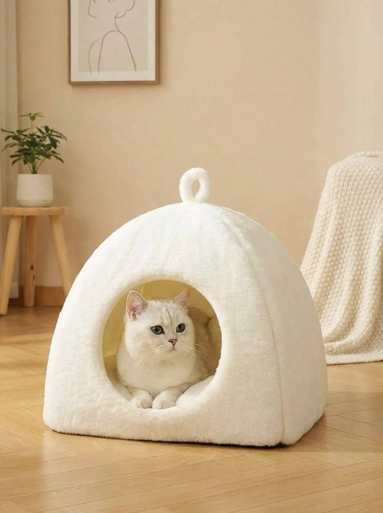 بيت قطط فرو ع شكل كوخ سعر 10
***********

نص مكتوب في الصور:
- Your Pet's Private Sanctuary
- A cozy, portable cave bed designed for maximum comfort and security, featuring a non-slip base and a plush, removable cushion.