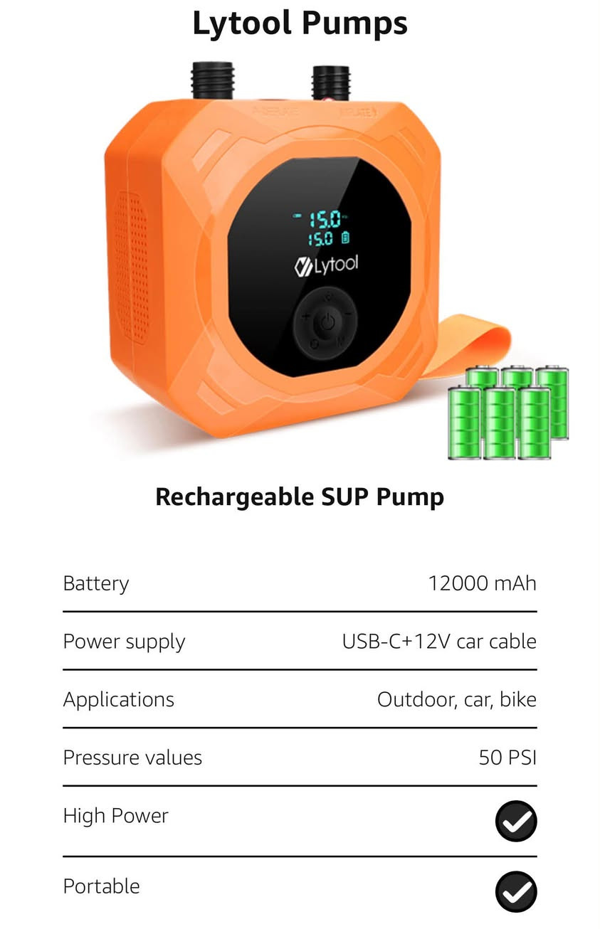 منفاخ هواء محمول شحن أصلى ماركه  اوروبى سعر ٣٨٠٠٠ الا ٥٠٠٠٠
20 psi to 50 psi

🇺🇸🇬🇧 🇩🇪📌كوليتي اهمشي

توصيل كول محفزات 🇮🇶 

***********

نص مكتوب في الصور:
- Compatible with Common Valve Types
- 15.0
- 15.0 PSI
- Lytool
- PROFESSIONAL INFLATABLE TENT PUMP
- DEDICATED INFLATABLE TENT ADAPTER
- Lytool Pumps Rechargeable SUP Pump Battery 12000 mAh Power supply USB-C+12V car cable Applications Outdoor, car, bike Pressure values 50 PSI High Power Portable
- NOZZLES & ACCESSORIES Compatible with Common Valve Types SUP Kayak Inflatable Boat Air Mattress
- Enjoy Your Paddling Everywhere with Ease!
- inflate
- deflate
- RECHARGEABLE SUP PUMP AIR PUMP BUILT-IN BATTERY 30% 30% faster inflation 2000mah*8 up to 4SUPs on a full charge 20 SUPs In DC12V car mode Inflates up to 20 SUPs consecutively