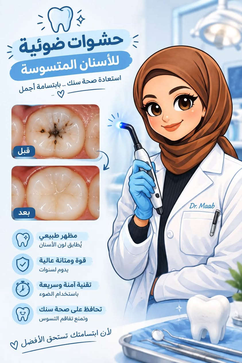 حشوات ضوئية • طقم أسنان متحرك • جلسات فلورايد