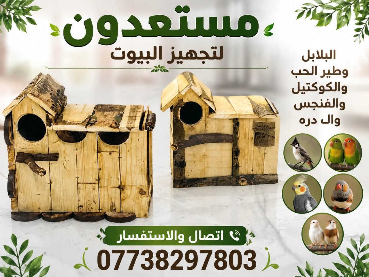 تجهيز جميع محلات الجنابيز والمحميات بكافت أنواع البيوت والستانات والمعالف الستفسار ***********

نص مكتوب في الصور:
- مستعدون لتجهيز البيوت البلابل وطير الحب والكوكتيل والفنجس وال دره اتصال والاستفسار ***********