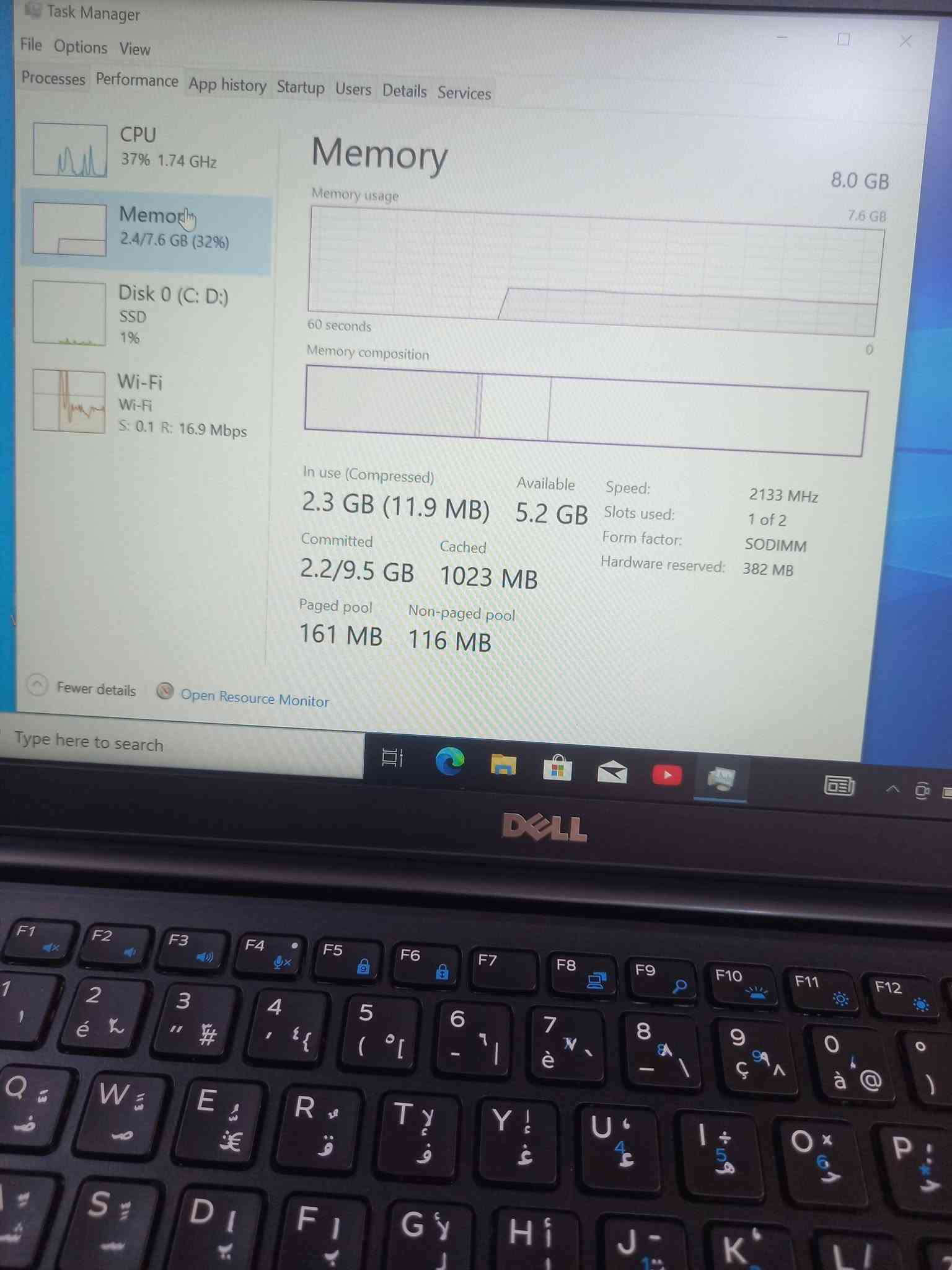 لابتوب دل dell 7480
الجيل السابع . 
المعالج كور اي 5 الجيل 7
الهارد    256 ssd 
الرام 8.  ddr4 
كارت الشاشة  4  شير 
حجم الشاشة  14 
الشاحنة اصلية 
يحتوي على منفذ تايب سي للشحن او نقل البيانات
نظام التشغيل ويندوز 10 عربي انكليزي 
الملحقات شاحنة وجنطة 
السعر  215
***********
***********
يوجد توصيل

متوفر 
تتوفر مجموعة لابتوبات بأسعار مناسبة ومواصفات

نص مكتوب في الصور:
- Task Manager
- File Options View
- Processes Performance App history Startup Users Details Services
- CPU
- 3% 0.91 GHz
- Memory
- 2.4/7.6 GB (32%)
- Disk 0 (C: D:)
- SSD
- 2%
- Wi-Fi
- S: 0.2 R: 21.2 Mbps
- % Utilization
- Intel(R) Core(TM) i5-7200U CPU @ 2.50GHz
- 100%
- 60 seconds
- Utilization
- 3%
- Speed
- 0.91 GHz
- Base speed:
- Sockets:
- Cores:
- 2.71 GHz
- 1
- 2
- Processes
- 149
- Threads
- 1950
- Handles
- 62767
- Logical processors:
- Virtualization:
- 4
- Enabled
- L1 cache:
- 128 KB
- Up time
- L2 cache:
- 512 KB
- 0:13:49:56
- L3 cache:
- 3.0 MB
- Fewer details
- Open Resource Monitor
- Type here to search
- DELL
- Task Manager File Options View Processes Performance App history Startup Users Details Services CPU 37% 1.74 GHz Memory 2.4/7.6 GB (32%) Disk 0 (C: D:) SSD 1% Wi-Fi Wi-Fi S: 0.1 R: 16.9 Mbps Memory Memory usage 8.0 GB 7.6 GB 60 seconds 0 Memory composition In use (Compressed) 2.3 GB (11.9 MB) Available 5.2 GB Speed: Slots used: Form factor: 2133 MHz 1 of 2 SODIMM Committed 2.2/9.5 GB Cached 1023 MB Hardware reserved: 382 MB Paged pool 161 MB Non-paged pool 116 MB Fewer details Open Resource Monitor Type here to search