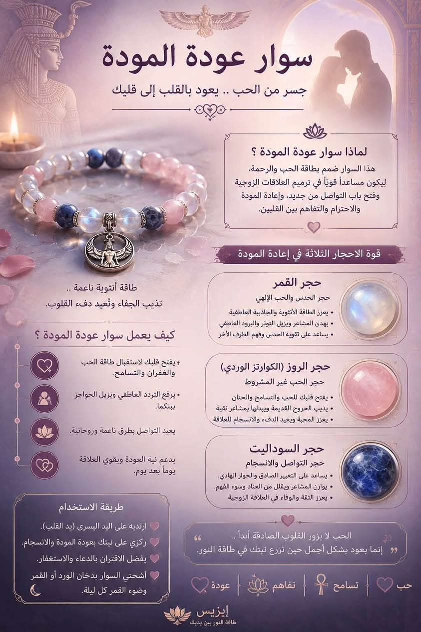 قطع مميزة وطاقة عالية فقط لدينا للحجز خاص او واتساب ***********

نص مكتوب في الصور:
- جمال البحر في تفاصيلك لؤلؤ .. مرجان .. رموز بحرية اللؤلؤ رمز النقاء والجمال الداخلي يهدئ القلب، ويعزز الأنوثة، ويجذب الطاقة الإيجابية والفرص الجميلة. المرجان يحمل طاقة الحماية ويمنح القوة والثبات، ويدعم الشجاعة والوفرة، ويُوازن طاقة الجسد. الرموز البحرية حصان البحر رمز الحماية والتجدد. نجم البحر يرمز إلى الحظ وتحقق الأمنيات، وفواقع البحر تجلب السلام والانسجام في حياتك. قطعة من البحر .. تحمل لك جمال الطبيعة وقوتها
- حجر الملوك والنور الداخلي الياقوت السيلاني حجر الحب - الشجاعة - الحماية - الطاقة الملكية الياقوت السيلاني من أندر وأجمل أنواع الياقوت في العالم، يأتي من سريلانكا (سيلان) بألوان زاهية وشفافية نادرة. يحمل ترددًا عاليًا من الطاقة النقية والحماية والوفرة. نبذة عن الحجر الاسم: الياقوت السيلاني اللون: أحمر قرمزي إلى وردي مائل للأحمر المصدر: سريلانكا (سيلان) العنصر: النار الشاكرا: شاكرا القلب والجذر الطاقة والخصائص يجذب الحب النقي والعلاقات المبنية على الاحترام والتقدير. يعزز الثقة بالنفس والشجاعة وقوة الإرادة. يحمي من الطاقات السلبية والعين والحسد. ينشط طاقة القلب والدورة الدموية ويعزز الحيوية والطاقة الجنسية. يدعم تحقيق الأهداف والطموحات ويجذب النجاح والوفرة. الياقوت يشعل نار الحياة في القلب، ويذكرك بقوتك وجمالك الحقيقي. الاستخدام يلبس كمجوهرات (خاتم، قلادة، سوار) ليلامس طاقة القلب والجسد. يوضع في مكان العمل أو المنزل لجذب النجاح والحماية. يستخدم في التأمل لفتح القلب وتحفيز الطاقة الإيجابية. تنظيف وشحن الحجر تنظيف باستخدام البخور الطبيعي أو ماء مقطر مع ملح بحري شحن ضعه تحت ضوء القمر لعدة ساعات لمن يناسب؟ من يبحث عن الحب والتوازن العاطفي من يحتاج إلى زيادة الثقة والشجاعة أصحاب الأعمال والطموحين من يشعر بالإرهاق وفقدان الشغف فوائده على المستوى الروحي والجسدي يرفع التردد الروحي ويزيد الحدس يجذب النجاح والوفرة حماية قوية من الطاقات السلبية يعزز الطاقة الحيوية والنشاط يفتح القلب للحب النقي يوازن العواطف ويهدئ القلق الياقوت السيلاني ليس مجرد حجر... إنه تذكار لقلبك الملكي، نورك الداخلي، وحمايتك الإلهية. إيزيس للبخور والأحجار
- سوار عودة المودة
- جسر من الحب .. يعود بالقلب إلى قلبك
- لماذا سوار عودة المودة ؟
- هذا السوار ضمَم بطاقة الحب والرحمة،
- ليكون مساعداً قوياً في ترميم العلاقات الزوجية
- وفتح باب التواصل من جديد، وإعادة المودة
- والاحترام والتفاهم بين القلبين.
- قوة الاحجار الثلاثة في إعادة المودة
- حجر القمر
- حجر الحدس والحب الإلهي
- • يعزز الطاقة الأنثوية والجاذبية العاطفية
- • يهدئ المشاعر ويزيل التوتر والبرود العاطفي
- • يساعد على تقوية الحدس وفهم الطرف الآخر
- طاقة أنثوية ناعمة ..
- تذيب الجفاء وتُعيد دفء القلوب.
- كيف يعمل سوار عودة المودة ؟
- حجر الروز (الكوارتر الوردي)
- حجر الحب غير المشروط
- • يفتح قلبك للحب والتسامح والحنان
- • يذيب الجروح القديمة ويبدلها بمشاعر نقية
- • يعزز المحبة ويعيد الدفء والانسجام للعلاقة
- حجر السوداليت
- حجر التواصل والانسجام
- • يساعد على التعبير الصادق والحوار الهادي.
- • يوازن المشاعر ويقلل من العناد وسوء الفهم.
- • يعزز الثقة والوفاء في العلاقة الزوجية
- • يفتح قلبك لاستقبال طاقة الحب
- والغفران والتسامح.
- • يرفع التردد العاطفي ويزيل الحواجز
- بينكما.
- يعيد التواصل بطرق ناعمة وروحانية.
- يدعم نية العودة ويقوي العلاقة
- يوماً بعد يوم.
- طريقة الاستخدام
- ارتديه على اليد اليسرى (يد القلب).
- ركزي على نيتك بعودة المودة والانسجام.
- يفضل الاقتران بالدعاء والاستغفار.
- أشحتي السوار بدخان الورد أو القمر
- وضوء القمر كل ليلة.
- الحب لا يزور القلوب الصادقة أبداً ..
- إنما يعود بشكل أجمل حين تزرع نيتك في طاقة النور.
- حب | تسامح | تفاهم | عودة
- إزيس
- طاقة النور بين يديك
- إيزيس
- للخور والأحجار
- تألّقي بنور لا يخفت
- تراقي فضة ناعمة بحجر الموزانيت الفاخر
- موزنايت راقي بألوان فاتحة
- بريق يفوق الألماس... ونقاء ببهر العين
- لمعان استثنائي
- تألق يخطف الأنظار من أول لمسة
- صفاء ونقاء عالي
- حجر شفاف فائق النقاء يدوم جمالة
- طاقة إيجابية
- الموزذنيت يعزز الصفاء الذهني
- ويجذب الطاقة الإيجابية والحب النقي
- صلابة تدوم
- يقاوم الخدش ويحافظ علي بريقه
- لأعوام طويلة
- السعر
- 25,000
- دينار
- تغليف فاخر
- يصل إليك بأناقة
- فضة أصلية
- عيار عالي الجودة
- موزنايت
- أعلى جودة
- كوني نوراً أينما كنت