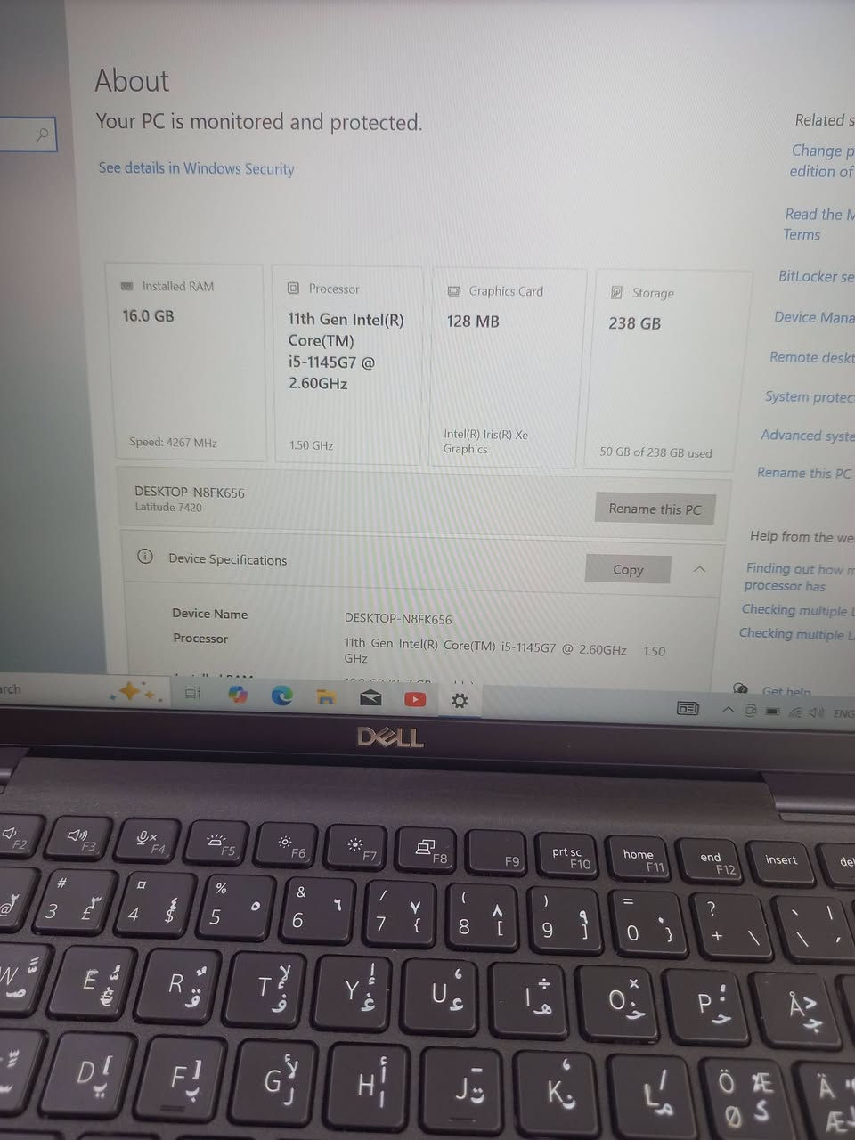 لابتوب دل 7420  dell
الجيل الحادي عشر 
المعالج كور اي 5 الجيل 11
الهارد    256    ssd  m.2
الرام  16  ddr4 
كارت الشاشة  8 شير 
حجم الشاشة  14 
الشاحنة اصلية 
يحتوي على منفذين تايب سي للشحن او نقل البيانات
نظام التشغيل ويندوز 10 عربي انكليزي 
الملحقات شاحنة تايب سي  وجنطة 
السعر  325

***********
***********
يوجد توصيل

متوفر 
تتوفر مجموعة لابتوبات بأسعار مناسبة ومواصفات مختلفة

نص مكتوب في الصور:
- About Your PC is monitored and protected. See details in Windows Security Installed RAM 16.0 GB Speed: 4267 MHz Processor 11th Gen Intel(R) Core(TM) i5-1145G7 @ 2.60GHz 1.50 GHz Graphics Card 128 MB Intel(R) Iris(R) Xe Graphics Storage 238 GB 50 GB of 238 GB used DESKTOP-N8FK656 Latitude 7420 Rename this PC Device Specifications Copy Device Name DESKTOP-N8FK656 Processor 11th Gen Intel(R) Core(TM) i5-1145G7 @ 2.60GHz 1.50 GHz
- About Device specifications Device Name DESKTOP-N8FK656 Processor 11th Gen Intel(R) Core(TM) i5-1145G7 @ 2.60GHz 1.50 GHz Installed RAM 16.0 GB (15.7 GB usable) Graphics Card Intel(R) Iris(R) Xe Graphics (128 MB) Storage 238 GB SSD KXG60ZNV256G NVMe KIOXIA 256GB Device ID 4EF9BCA7-B4D1-4473-A21B-C88272972659 Product ID 00325-97273-65845-AAOEM System Type 64-bit operating system, x64-based processor Pen and touch No pen or touch input is available for this display Frequently asked questions How does having 16 GB or more of RAM impact my PC's performance? Can I run modern applications smoothly with this RAM capacity? Is my GPU sufficient for high end gaming and video experience? How can having a dedicated GPU enhance my experience and productivity? Am I running the latest version of the Windows OS? What is the latest Windows version? Windows Specifications Copy
- Task Manager
- File Options View
- Processes Performance App history Startup Users Details Services
- CPU
- 3% 1.57 GHz
- Memory
- 3.9/15.7 GB (25%)
- Disk 0 (C: D:)
- SSD
- 1%
- Wi-Fi
- S: 0 R: 88.0 Kbps
- GPU 0
- Intel(R) Iris(R) Xe Grap...
- 0%
- % Utilization
- 60 seconds
- Utilization
- 3%
- Processes
- 165
- Speed
- 1.57 GHz
- Threads
- 2015
- Up time
- 0:00:38:42
- 11th Gen Intel(R) Core(TM) i5-1145G7 @ 2.60GHz
- Handles
- 66296
- Base speed:
- Sockets:
- Cores:
- Logical processors:
- Virtualization:
- Hyper-V support:
- L1 cache:
- L2 cache:
- L3 cache:
- 1.50 GHz
- 1
- 4
- 8
- Disabled
- Yes
- 320 KB
- 5.0 MB
- 8.0 MB
- Fewer details
- Open Resource Monitor
- e here to search
- 2% 1.36 GHz
- S: 0 R: 0 Kbps
- Memory usage
- 16.0 GB
- 15.7 GB
- 0
- Memory composition
- In use (Compressed)
- 3.8 GB (35.3 MB)
- Available
- 11.9 GB
- Speed:
- Slots used:
- Form factor:
- Hardware reserved:
- 4267 MHz
- 8 of 8
- Row of chips
- 274 MB
- Committed
- 3.7/18.6 GB
- Cached
- 1.1 GB
- Paged pool
- 177 MB
- Non-paged pool
- 225 MB
- here to search
- DELL
- Task Manager File Options View Processes Performance App history Startup Users Details Services CPU 1% 1.68 GHz Memory 3.9/15.7 GB (25%) Disk 0 (C: D:) SSD 0% Wi-Fi Wi-Fi S: 0 R: 0 Kbps GPU 0 Intel(R) Iris(R) Xe Grap... 0% GPU Intel(R) Iris(R) Xe Graphics 3D 0% Copy 0% Video Decode 0% Video Processing 0% Shared GPU memory usage 7.9 GB Utilization 0% GPU Memory 0.3/7.9 GB Shared GPU memory 0.3/7.9 GB Driver version: 32.0.101.7088 Driver date: 6/17/2026 DirectX version: 12 (FL 12.1) Physical location: PCI bus 0, device 2, function 0 Fewer details Open Resource Monitor
- DirectX Diagnostic Tool System Display Sound Input Device Name: Intel(R) Iris(R) Xe Graphics Manufacturer: Intel Corporation Chip Type: Intel(R) Iris(R) Xe Graphics Family DAC Type: Internal Device Type: Full Display Device Approx. Total Memory: 8183 MB Display Memory (VRAM): 128 MB Shared Memory: 8055 MB DirectX Features DirectDraw Acceleration: Enabled Direct3D Acceleration: Enabled AGP Texture Acceleration: Enabled Notes No problems found. Drivers Main Driver: igdumdim64.dll,igd10iumd64.dll,igd10 Version: 32.0.101.7088 Date: 6/16/2026 17:00:00 WHQL Logo'd: Yes Direct3D DDI: 12 Feature Levels: 12_1,12_0,11_1,11_0,10_1,10_0,9_3 Driver Model: WDDM 2.7 Help Next Page Save All Information... Exit