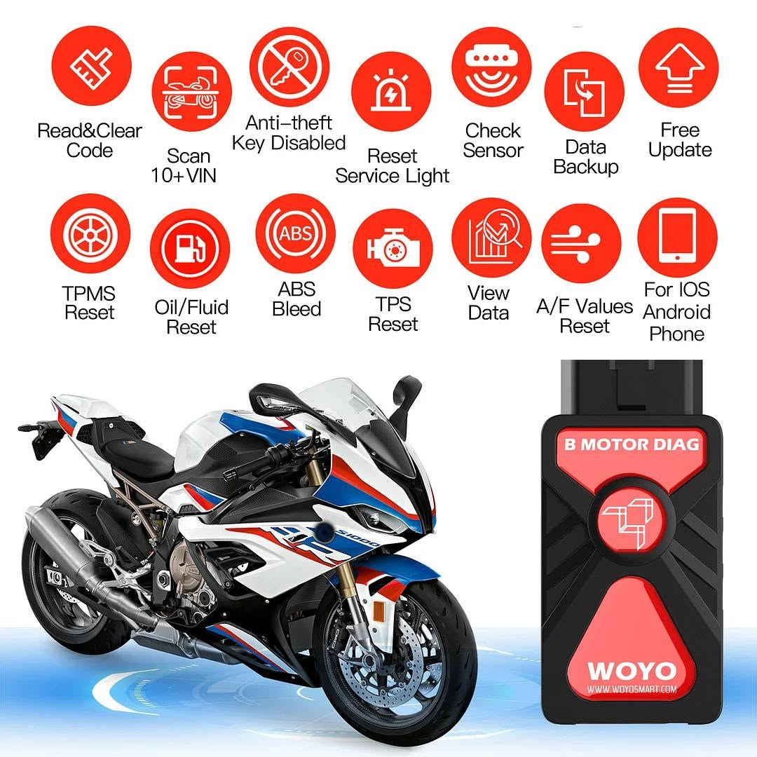 جهاز فحص دراجات اليدفع بي سعر معقول اشوفه خير
***********

نص مكتوب في الصور:
- OBD2 to 10 PIN Connector OBD2 Connector For BMW Motorcycle BT 5.0 For Android/IOS 64-bit system cellphone Professional PC Programmer 59inch Network cable
- Feedback - BT - Screenshot - Video
- Function
- -Bluetooth 5.0
- -Add 10+ VIN
- -Reset Service Reminders
- -Reset Mainenace Intervals
- -Read & Clear Fault Codes
- -Oil/Fluid Change Reset
- -View Control Unit Information
- -Check Sensor
- -ABS & Bleed Test
- -Log & Graph Live Values
- -Component Output Tests
- -Component Calibration
- -Adaptation Reset & Relearn
- ★-TPMS Learn & Reset(use with PL002)
- ★-Anti-theft Key Disabled
- -Data Backup
- -Free Upgrade Data
- Control BT Connect & Flashlight
- How to Download & Use App? For IOS 64-bit Cellphone Go to "APP Store" Search "BM DIAG" Download this APP For Android Cellphone Scan code to download. Download the App >>>>> Download App Account & Keyword Activate in Email Update Login Update the data packet Before updating the data packet, Please ensure your phone has storage memory of at least 2G.
- Read&Clear Code Scan 10+ VIN Anti-theft Key Disabled Reset Service Light Check Sensor Data Backup Free Update TPMS Reset Oil/Fluid Reset ABS Bleed TPS Reset View Data A/F Values Reset For IOS Android Phone
- BMW > Vehicle Manual Select Suit for BMW 2017-2024 C400X F900XR R1200ADV M1000R C400GT F700GS R1200RT R NineT C650GT F800GS R1200GS R18 F750GS S1000R R1250RT K1600 F850GS S1000RR R1250GS F900 S1000XR R1250ADV Why buy this WOYO CTB008? 1. If you want to save a trip & money from dealer to reset service light by yourself, it's a must have tool. 2. Suit for BMW Motorcycle year: 2017-2024. F700/F800 not support Reset Function. 3. Support: Bluetooth 5.0, for IOS/Android 64-bit system, if your phone is 32-bite, please download the emulator. 4. Each device has an independent username & password (Account Password Card in package, don't throw away). 5. 10+ VIN recognition, suitable for enthusiasts and professional technicians, can use with your moto friends. 6. Free to upgrade the data.
- Easy to reset by yourself!
- Save more money!
- Use with your cellphone!
- (For IOS/Android 64-bit)!
- Reset service light
- Reset oil change light
- Read/Clear Fault Codes
- For iphone IOS/ Android 64-bit system cellphone
- WOYO CTB008 2.0
- Bluetooth 5.0 Phone Diagnosis Tool
- For BMW Motorcycle
- (OBD2 / 10pin /6pin Connector)
- BT 5.0
- Original Level Testing Bluetooth 5.0 Stream Data Scan VIN Instrucment Coding Read & Clear Code Oil Reset ABS Bleed TPS Reset 22 Languages Android Phone Screen Shot Take Video EMAIL US FOR WHOLESALE PRICE