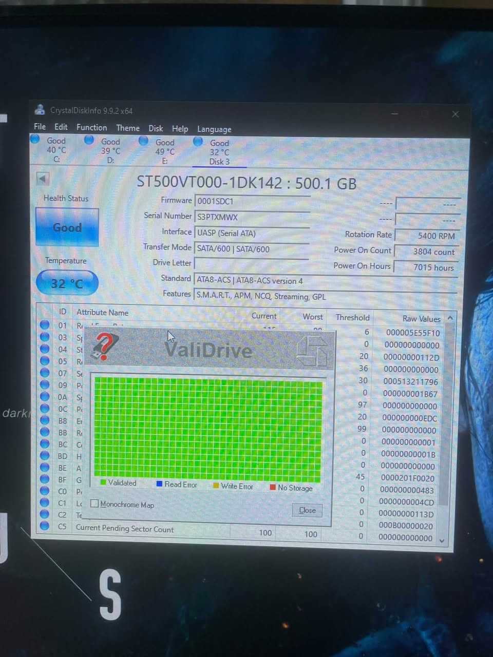 هاردين HHD هيلث 100%
500gb

320gb

تواصل واتساب : ***********

نص مكتوب في الصور:
- CrystalDiskInfo 9.9.2 x64 File Edit Function Theme Disk Help Language Good 40 °C C: Good 39 °C D: Good 50 °C E: Good 29 °C Disk 3 WDC WD3200BPVT-75JJ5T0 : 320.0 GB Health Status Firmware 03.01A03 Buffer Size 8192 KB Good Serial Number WD-WXQ1EA1EUCVJ Interface UASP (Serial ATA) Rotation Rate 5400 RPM Transfer Mode ---- | SATA/300 Power On Count 9977 count Temperature 29 °C Drive Letter Power On Hours 19320 hours Standard ATA8-ACS | ---- Features S.M.A.R.T., APM, NCQ, GPL ID Attri reshold Raw Values 01 Reac 51 000000000045 03 Spin 21 0000000006FF 04 Stari 0 0000000290C 05 Real 140 000000000000 07 Seek 0 000000000000 09 Pow 0 00000004B78 0A Spin 0 000000000000 0B Reca 0 000000000000 OC Pow 0 000000026F9 BF G-S 0 00000006F77 C0 Pow 0 00000005CA C1 Loac 0 000000134DC C2 Tem 0 0000000001D 04 Real 0 000000000000 C5 Curr 0 000000000000 C6 Uncorrectable Sector Count 100 253 0 000000000000 C7 UltraDMA CRC Error Count 200 200 0 000000000000 C8 Write Error Rate 100 253 0 000000000000 ValiDrive Validated Read Error Write Error No Storage Monochrome Map Close Revo Uninstaller
- CrystalDiskInfo 9.9.2 x64 File Edit Function Theme Disk Help Language Good 40 °C C: Good 39 °C D: Good 49 °C E: Good 32 °C Disk 3 ST500VT000-1DK142 : 500.1 GB Health Status Good Firmware 0001SDC1 Serial Number S3PTXMWX Interface UASP (Serial ATA) Rotation Rate 5400 RPM Transfer Mode SATA/600 | SATA/600 Power On Count 3804 count Drive Letter Power On Hours 7015 hours Standard ATA8-ACS | ATA8-ACS version 4 Features S.M.A.R.T., APM, NCQ, Streaming, GPL ID Attribute Name Current Worst Threshold Raw Values 01 R... 6 000005E55F10 03 S... 0 000000000000 04 St 20 00000000112D 05 R 36 000000000000 07 Se 30 0000513211796 09 P 0 000000001 B67 OA St 97 000000000000 OC P 20 000000000EDC B8 Er 99 000000000000 BB R 0 000000000001 BC C 0 00000000001 B BD H 0 000000000000 BE A 45 0000201 F0020 BF G ■ Validated ■ Read Error ■ Write Error ■ No Storage 0 000000000483 CO P 0 0000000004CD C1 L Monochrome Map Close 0 0000000113D C2 Te 0 0000B0000020 C5 Current Pending Sector Count 100 100 0 000000000000 ValiDrive
