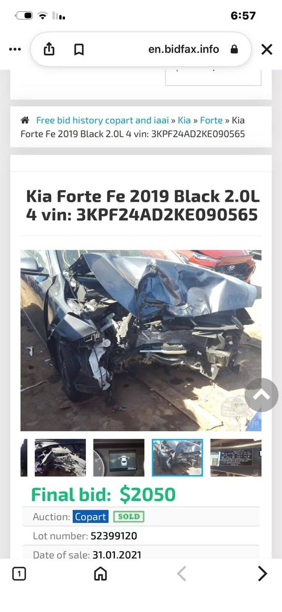 السلام عليكم
فورتي 19

للبيع صور 

الحادث مرفقه 

في المنشور 

السياره نضيفه 
السعر 92 اوبي مجال 
هـ ***********

اتصل او تدلل 

ما ارد خاص

نص مكتوب في الصور:
- en.bidfax.info Free bid history copart and iaai » Kia » Forte » Kia Forte Fe 2019 Black 2.0L 4 vin: 3KPF24AD2KE090565 Kia Forte Fe 2019 Black 2.0L 4 vin: 3KPF24AD2KE090565 BidFax.info Final bid: $2050 Auction: Copart SOLD Lot number: 52399120 Date of sale: 31.01.2021
- 6:57 en.bidfax.info Free bid history copart and iaai » Kia » Forte » Kia Forte Fe 2019 Black 2.0L 4 vin: 3KPF24AD2KE090565 Kia Forte Fe 2019 Black 2.0L 4 vin: 3KPF24AD2KE090565 Final bid: $2050 Auction: Copart SOLD Lot number: 52399120 Date of sale: 31.01.2021 1
- 6:57 en.bidfax.info Free bid history copart and iaai » Kia » Forte » Kia Forte Fe 2019 Black 2.0L 4 vin: 3KPF24AD2KE090565 Kia Forte Fe 2019 Black 2.0L 4 vin: 3KPF24AD2KE090565 94993655 Final bid: $2050 Auction: Copart SOLD Lot number: 52399120 Date of sale: 31.01.2021 1
- 6:57 en.bidfax.info Free bid history copart and iaai » Kia » Forte » Kia Forte Fe 2019 Black 2.0L 4 vin: 3KPF24AD2KE090565 Kia Forte Fe 2019 Black 2.0L 4 vin: 3KPF24AD2KE090565 Final bid: $2050 Auction: Copart SOLD Lot number: 52399120 Date of sale: 31.01.2021
- 6:57 en.bidfax.info Free bid history copart and iaai » Kia » Forte » Kia Forte Fe 2019 Black 2.0L 4 vin: 3KPF24AD2KE090565 Kia Forte Fe 2019 Black 2.0L 4 vin: 3KPF24AD2KE090565 BidFax.info Final bid: $2050 Auction: Copart SOLD Lot number: 52399120 Date of sale: 31.01.2021 1
- Free bid history copart and iaai » Kia » Forte » Kia Forte Fe 2019 Black 2.0L 4 vin: 3KPF24AD2KE090565
- Kia Forte Fe 2019 Black 2.0L 4 vin: 3KPF24AD2KE090565
- Final bid: $2050
- Auction: Copart SOLD
- Lot number: 52399120
- Date of sale: 31.01.2021
- 6:57 en.bidfax.info Free bid history copart and iaai » Kia » Forte » Kia Forte Fe 2019 Black 2.0L 4 vin: 3KPF24AD2KE090565 Kia Forte Fe 2019 Black 2.0L 4 vin: 3KPF24AD2KE090565 26542 mi BidFax.info Final bid: $2050 Auction: Copart SOLD Lot number: 52399120 Date of sale: 31.01.2021 1