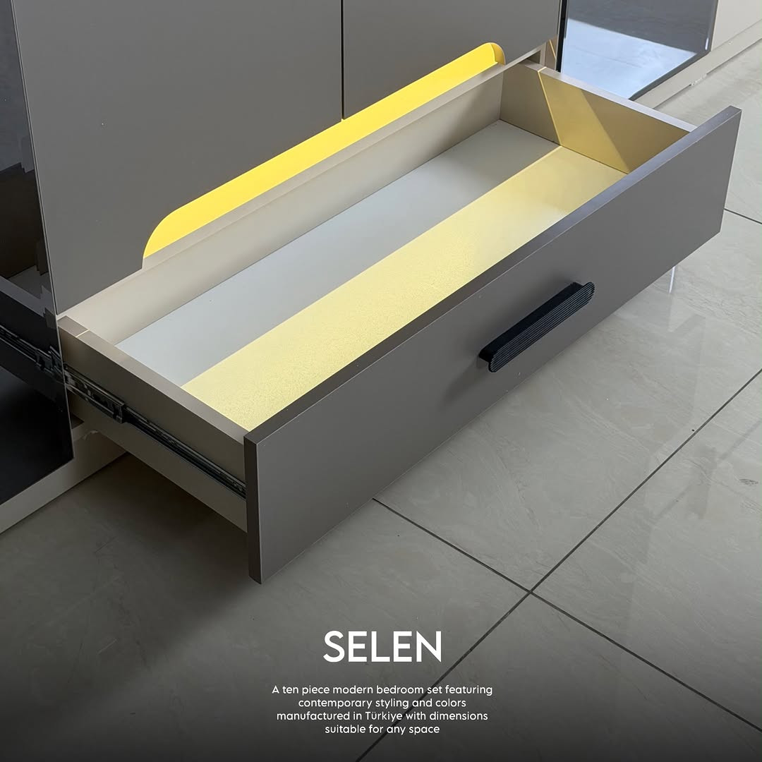 

نص مكتوب في الصور:
- SELEN A ten piece modern bedroom set featuring contemporary styling and colors manufactured in Türkiye with dimensions suitable for any space
- SELEN
- A ten piece modern bedroom set featuring
- contemporary styling and colors
- manufactured in Türkiye with dimensions
- suitable for any space
- A ten piece modern bedroom set featuring contemporary styling and colors manufactured in Türkiye with dimensions suitable for any space