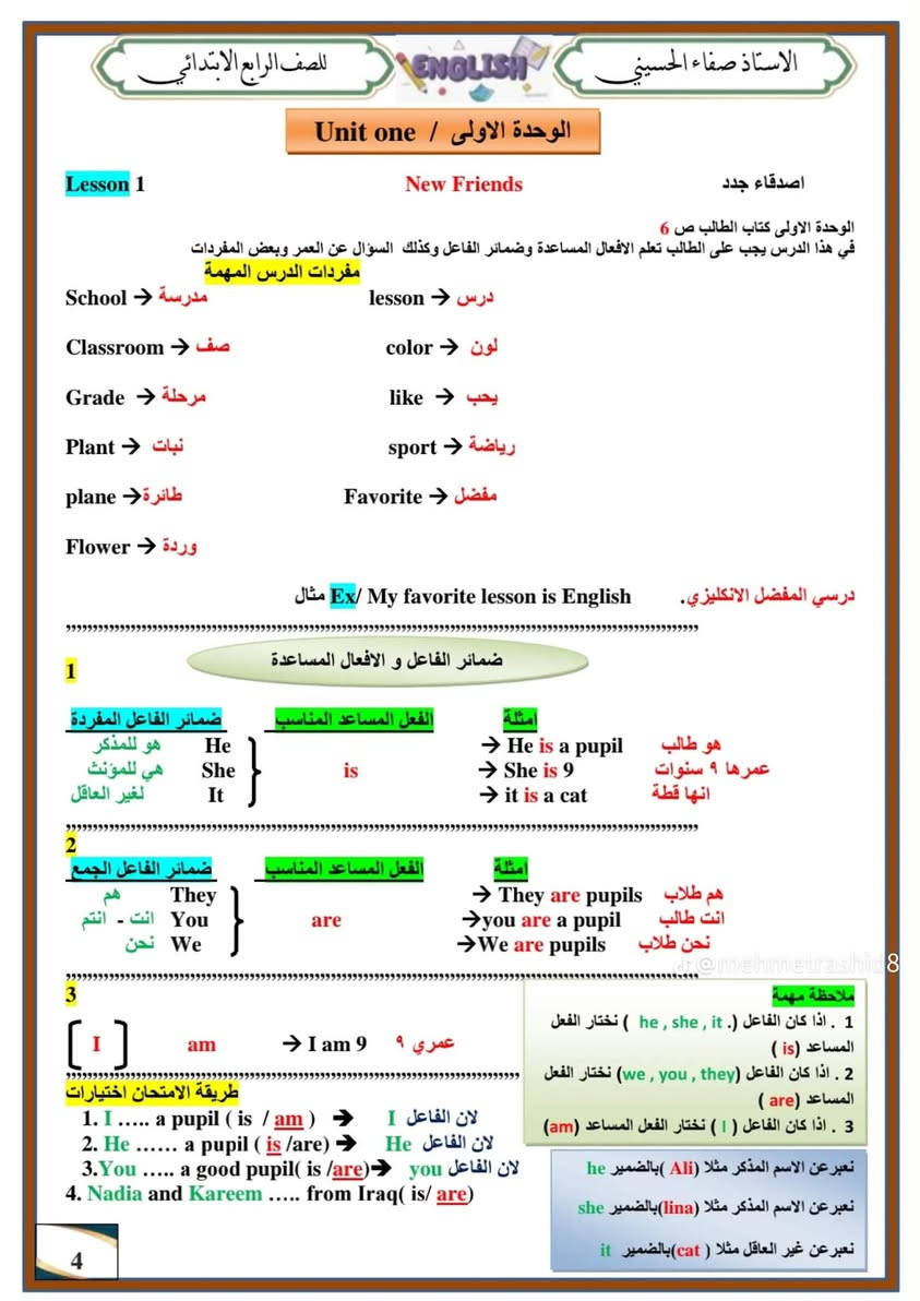 ملزمة اللغة الإنجليزية الصف الرابع الابتدائي
https://t.me/qasa2024

نص مكتوب في الصور:
- الاستاذ صفاء الحسيني
- للصف الرابع الابتدائي
- ENGLISH
- 2027
- ملزمة
- الأستاذ
- صفاء الحسيني
- A B C
- READING
- VOCABULARY
- GRAMMAR
- WRITING
- IS FUN!
- شرح مبسط وملخص لكل المادة
- نهاية كل يونيت
- أسئلة متنوعة
- مع نموذج اختبار
- لليونيت
- مع نموذج أسئلة
- نصف السنة
- ونماذج مختلفة
- لامتحان نهاية السنة
- @mehmetrashid8
- رابط قناة التليكرام
- https://t.me/+dFtB9IXF3R5kZDKy
- للواصل
- ***********
- 1
- للاصف الرابع الابتدائي ENGLISH الاستاذ صفاء الحسيني الأسئلة الشفوية الشاملة للمنهج ت السؤال الإجابة ت السؤال الإجابة 1 What's your name ? My name is Ali 20 How old are you ? I'm nine 2 Whose pencil is this? It's Lina's 21 Is Adel from America ? No, he isn't 3 Do you like swim? Yes I do 22 Do you eat lots of fruit? No, I don't 4 Is there a T-shirt in your bag? No, there isn't 23 How are you ? I am Fine 5 what time is it ? 2:00 Two o'clock 24 What's your favorite Fruit ? I like apples 6 What's the capital of Iraq? Baghdad 25 What time is it? 10:00 It's ten o'clock 7 Where do you live? I live in Baghdad 26 Would you want an orange ? Yes, please 8 What's your name? My name is Ahmed 27 What's in your lunchbox ? There is a sandwich, a banana and some water 9 Whose pencil is this ? It's hers 28 What colour is the bag ? It's a pink 10 Do you like the swim? No, I don't 29 What time is it? 9:00 It's nine o'clock 11 Where are you from ? I'm from Iraq 30 Do you like pizza ? Yes, I do 12 Is Anna from England? Yes, she is 31 Where are you from I am from Iraq 13 What would you like? I like ice-cream 32 When is your birthday ? It's in June 14 Do you like an orange juice? Yes, I do 33 What time is it? 3:30 It's three thirty 15 Do you like fish? No, I don't 34 What is the weather like in Iraq? It's hot and dry 16 Do you like apples? Yes, I do 35 What is the capital of England? London 17 What would you like? I'd like cake 36 Say the number 67 sixty seven 18 Is Liz from Iraq? Yes, she is 19 How many pupils in your class? There are twenty 2
- الاستاذ صفاء الحسيني للصف الرابع الابتدائي ENGLISH الحروف الانكليزية / English letters يجب حفظ الاحرف الانكليزية الكبيرة والصغيرة . وحفظها بالتسلسل لان راح يجي تمرين يطلب منك ترتيب الكلمات حسب الترتيب الابجدي الحروف الانكليزية الكبيرة والصغيرة Aa Bb Cc Dd Ee Ff Gg Hh Ii Jj Kk Ll Mm Nn Oo Pp Qq Rr Ss Tt Uu Vv Ww Xx Yy Zz عزيزي ولي الامر اطلب من طفلك ان ينطق كل حرف, ثم يكتبه. أ) حدد و اكتب مجموعة الأحرف التالية: b d f h k l t ب) حدد و اكتب مجموعة من الحروف التالية: a c e i m n o r s u v w x z J-@mehmetrashid8 ج) حدد و اكتب الأحرف التالية: g j p q y 1- الحروف الصاعدة -عددها v وتكون على الثلاث خطوط العليا 2- الحروف الوسطية - وعددها 14 وتكون في الوسط على خطين 3- الحروف النازلة وعددها ه وتكون على الخطوط الثلاث السفلى يعني من الخط الثاني الى الخط الاخير 3
- الاستاذ صففاء الحسيني للصف الرابع الابتدائي ENGLISH الوحدة الاولى / Unit one Lesson 1 New Friends اصدقاء جدد الوحدة الاولى كتاب الطالب ص 6 في هذا الدرس يجب على الطالب تعلم الافعال المساعدة وضمائر الفاعل وكذلك السؤال عن العمر وبعض المفردات مفردات الدرس المهمة School m school lesson u color J Grade x like y Plant J sport w plane sj Favorite j Flower 335 Ex / My favorite lesson is English درسي المفضل الانكليزي 1 ضمائر الفاعل و الافعال المساعدة ضمائر الفاعل المفردة الفعل المساعد المناسب امثلة هو للمذكر He is is He is a pupil هو طالب She she is She is 9 عمرها 9 سنوات لغير العاقل It it is a cat انها قطة 2 ضمائر الفاعل الجمع الفعل المساعد المناسب امثلة هم They They are pupils هم طلاب انت - انتم You are you are a pupil انت طالب نحن We We are pupils نحن طلاب dr@mehmetrashid8 3 [ 1 ] am → I am 9 عمري 9 ملاحظة مهمة 1 . اذا كان الفاعل ( He , she , it ) نختار الفعل المساعد (is) 2 . اذا كان الفاعل (we , you , they ) نختار الفعل المساعد (are) 3 . اذا كان الفاعل ( 1 ) نختار الفعل المساعد (am) نعبر عن الاسم المذكر مثلا (Ali) بالضمير he طريقة الامتحان اختيارات 1. I ..... a pupil ( is / am ) 2. He ...... a pupil (is/are) 3. You ..... a good pupil(is/are) 4. Nadia and Kareem ..... from Iraq( is/ are) 4 لان الفاعل 1 لان الفاعل He لان الفاعل you نعبر عن الاسم المذكر مثلا(lina)بالضمير she نعبر عن غير العاقل مثلا (cat) بالضمير it
- الاستاذ صفاء الحسيني ENGLISH للصف الرابع الابتدائي كم العمر / How old ملاحظة - لسؤال عن العمر نسأل ب How old ونتبع هذه القاعدة How old + is , are + ( فاعل ) + تكملة الجملة ? 1. Ex - How old is Nadia ? كم عمر ناديا ? الحل _ She is 9 2. How old is Ali ? كم عمر علي ? الحل _ He is 10 طريقة الامتحان اختيارات 1. How old ..... you ? ( is / are ) 2. How old........she ? ( are / is ) 3. How old........Sara ? ( is /are ) 4. ......... old is he ? He is 8 ( What / How ) الجواب are لان الفاعل you جمع الجواب is لان الفاعل she مفرد الجواب is لان الفاعل sara مفرد اختاريت How لان شفت old بعد الفراغ افعال التملك { have / has } معناهن يمتلك او يتناول افعال التملك مع ضمائر الفاعل I You We They } + have + تكملة Ex / I have long black hair . مثال لدي شعر اسود طويل . he He She It } + has + تكملة Ex / Ali has a new car . مثال علي لديه سيارة جديدة . امثلة امتحانيا 1. She ........ a yellow dress .( has / have ) 2.We ....... A big house . ( has /have ) 3. Ali ...... a red dress . ( has / have ) الجواب has لان الفاعل she الجواب have لان الفاعل we الجواب has لان الفاعل Ali مفرد ملاحظة مهمة /أي سؤال يبدا ب ( is ) او ( are ) ينتهي بعلامة استفهام (?) يكون الجواب اما ( yes ) او ( No ) Ex / Is he in Grade 4 ? مثال الجواب / Yes, he is 5