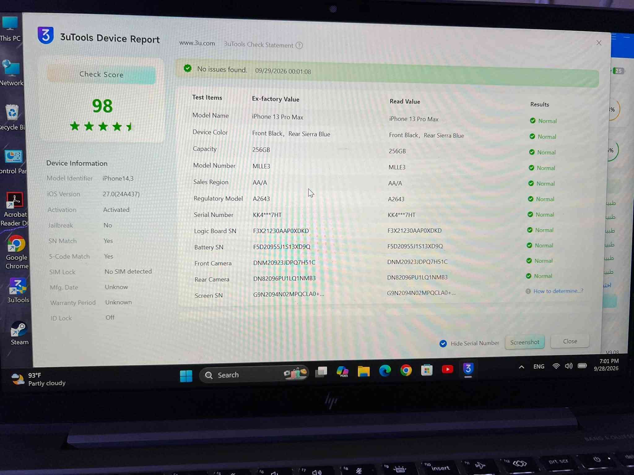 سلام عليكم ايفون 13 برو ماكس 
ذاكره 256 
بطاريه 88 
جهاز ماستر شرق اوسط AA/A 
سعر 625 وبي مجال 
مكاني بغداد المشتل 
***********

نص مكتوب في الصور:
- 00:12 < iPhone حول الاسم iPhone 13 Pro Max إصدار iOS 27.0 MLLE3AA/A اسم الطراز KK4F9VK7HT رقم الطراز الرقم التسلسلي 0 الأغاني 0 الفيديوهات 0 الصور 256 غ.ب. السعة 238.6 غ.ب. متوفرة A4:C3:37:06:D9:6A عنوان Wi-Fi A4:C3:37:05:3F:53 Bluetooth 7.00.01 البرنامج الثابت للمودم
- 3 3uTools جهازي فلاش ذكي متجر التطبيقات خلفيات النغّمات صندوق الأدوات iPhone 13 Pro Max iPhone معلومة صور تطبيقات اتصالات فيديوهات موسيقى نغمات قرص يو الظاهري أكثر iPhone iPhone 13 Pro Max Sierra Blue 256 GB (8.5W) الشحن البطيء 32 تفاصيل عمر البطارية %88 دورات الشحن 555 %88 27.0 (24A437) نسخة دائرة الرقابة الداة تفاصيل القرص الصلب 256GB القدرة المتاحة 222.21 GB %86 KK4F9VK7HT رقم سرى 358216489638817 IMEI1 35821648967333 IMEI2 iPhone14,3 (A2643) معرف النموذج MLLE3 AA/A اسم النموذج AA/A منطقة المبيعات نعتم التنشيط لا الهروب من السجن بحث عن قفل الهوية تفاصيل عن أي كلاود لا أحد تاريخ الصنع بحث على الانترنت فترة الضمان 0 سجلات الأعطال تفاصيل الجهاز تشخيصات الجهاز No issues found. طبيعي المعلومات الأساسية طبيعي حالة اللوحة الأم طبيعي حالة البطارية طبيعي حالة الشاشة طبيعي الكاميرا الأمامية طبيعي الكاميرا الخلفية اختبار الآن معرف الوجه عرض تقرير التحقق إعادة تشغيل اغلق ينعش النسخ الا... الاستعادة إيقاف تحديث iOS دفعة تنشيط / محو طباعة التسميات الموقع الافتراضي Search 7:05 PM 9/28/2026 Monday, September 28, 2026 Mon 7:05 PM (Local time)
- 3 3uTools Device Report www.3u.com 3uTools Check Statement X No issues found. 09/29/2026 00:01:08 Check Score 98 Device Information Model Identifier iPhone14,3 iOS Version 27.0(24A437) Activation Activated Jailbreak No SN Match Yes 5-Code Match Yes SIM Lock No SIM detected Mfg. Date Unknow Warranty Period Unknown ID Lock Off Test Items Ex-factory Value Read Value Results Model Name iPhone 13 Pro Max iPhone 13 Pro Max Normal Device Color Front Black, Rear Sierra Blue Front Black, Rear Sierra Blue Normal Capacity 256GB 256GB Normal Model Number MLLE3 MLLE3 Normal Sales Region AA/A AA/A Normal Regulatory Model A2643 A2643 Normal Serial Number KK4***7HT KK4***7HT Normal Logic Board SN F3X21230AAPOXDKD F3X21230AAPOXDKD Normal Battery SN F5D20955J1S13XD9Q F5D20955J1S13XD9Q Normal Front Camera DNM20923JDPQ7H51C DNM20923JDPQ7H51C Normal Rear Camera DN82096PU1LQ1NMB3 DN82096PU1LQ1NMB3 Normal Screen SN G9N2094N02MPQCLA0+... G9N2094N02MPQCLA0+... How to determine...? Hide Serial Number Screenshot Close 93°F Partly cloudy Search ENG 7:01 PM 9/28/2026