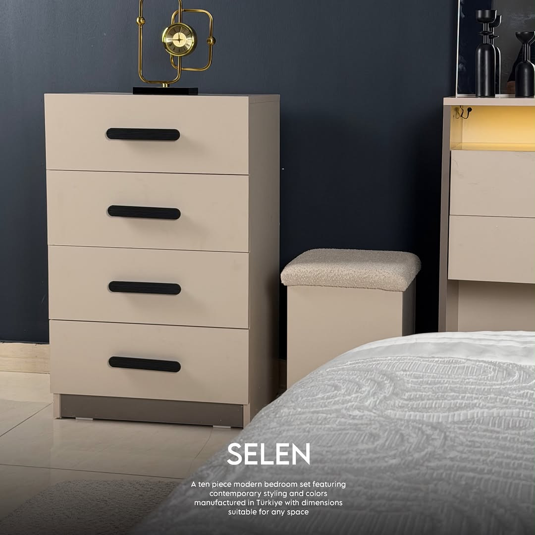 

نص مكتوب في الصور:
- SELEN A ten piece modern bedroom set featuring contemporary styling and colors manufactured in Türkiye with dimensions suitable for any space
- SELEN
- A ten piece modern bedroom set featuring
- contemporary styling and colors
- manufactured in Türkiye with dimensions
- suitable for any space
- A ten piece modern bedroom set featuring contemporary styling and colors manufactured in Türkiye with dimensions suitable for any space