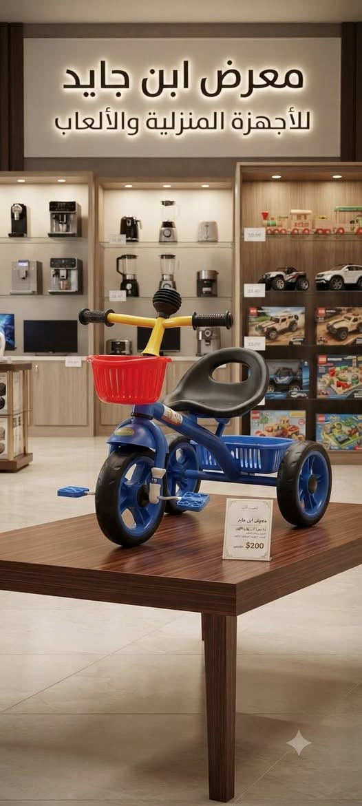 ⚡ عالم الطفل السعيد بين إيديك! 🧸🚗
​نوفر لطفلك كل وسائل الراحة والترفيه والوناسة بأجود الخامات وأرقى الماركات العالمية، وبأسعار تنافسية تناسب كل عائلة!
​كل ما يحتاجه طفلك لنموه ولعبه وراحته تلاقيه يمنا بـ معرض ابن جايد:
​🛏️ كاروك ومهد: نوم هادئ ومريح يضمن لطفلك الراحة التامة والأمان طوال الليل.
​🚶 حجلة (مشاية أطفال): لتشجيع طفلك على الخطوات الأولى بكل ثقة وثبات.
​🚗 سيارات الأطفال الشحن: المتعة الحقيقية والسرعة الآمنة لصغارك بحركات تفاعلية ممتعة.
​🚲 باسكل ثلاثي ودراجات: لتعزيز نشاط وحيوية طفلك وبناء مهاراته الحركية.
​🎪 مرجوحة (أرجوحة): أوقات من المرح والضحك لا تنتهي داخل البيت أو الحديقة.
​🛴 سكوتر: التوازن والسرعة بأحدث التصاميم العصرية المناسبة لكل الأعمار.
​📍 النجف الأشرف
📞 للحجز والاستفسار، تواصل معنا فوراً على الرقم: ***********
​✨ معرض ابن جايد.. دلال طفلك يبدأ من عدنا! 🌟

نص مكتوب في الصور:
- معرض ابن جايد للأثاث ومستلزمات الأطفال
- معرض ابن جايد للأجهزة المنزلية والألعاب معرض ابن جايد للأجهزة المنزلية والألعاب $200
- معرض ابن جايد
- EBN JAYED SHOWROOM
- مواصفات المنتج /
- Product Specifications
- • المادة:
- خشب طبيعي عالي الجودة
- • قضبان أمان:
- تصميم مباعد آمن
- • مراتب مريحة:
- حشوة إسفنجية ناعمة
- • تصميم متين:
- هيكل قوي وثابت
- • لون طبيعي:
- لمسة نهائية غير سامة
- معرض ابن جايد للأجهزة المنزلية والإلكترونيات
- معرض ابن جايد للأجهزة
- معرض أبن جايد IBN JAYID GALLERY دراجة أطفال سوبر بايك (Super Bike) المواصفات الرئيسية: المقاس: 12 بوصة (مناسب لعمر 3-5 سنوات) اللون: أخضر زاهي مع رسومات لهب صفراء على المقعد الهيكل: فولاذي متين وقوي الملحقات: سلة أمامية بلاستيكية خضراء، عجلات تدريب (طبتبات) قابلة للإزالة، ومقعد خلفي مع مسند الأمان: حماية كاملة للسلسلة، عجلات ملونة متينة التصميم: تصميم رياضي "سوبر بايك" عصري وجذاب الاستخدام: تعلم ركوب الدراجات بثقة وأمان متوفر الآن في معرض ابن جايد