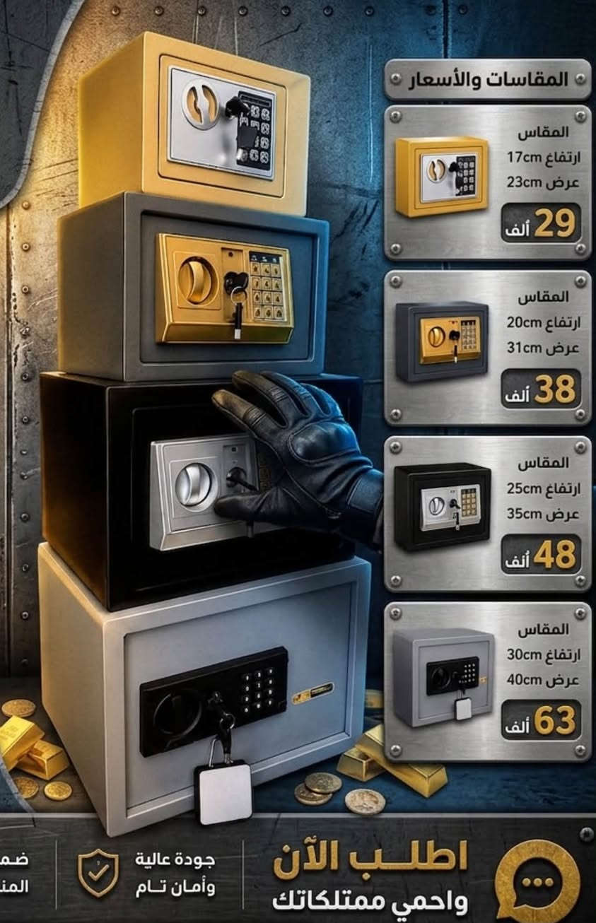 افحص وقاصد قاصتك عند الاستلام! ✅
توصيل سريع لكافة المحافظات 📍
للطلب عبر الواتساب: ***********

نص مكتوب في الصور:
- قاصات الأماني مقاومة للحريق ضمان سنة عالية الأمان قاصات الأماني المواصفات مانع ما للعوئق ضمان سنة عالية الأمان الوزن: 140 الطول: 75 العرض: 45 الارتفاع: 55 المزيد من الصور
- المقاسات والأسعار
- المقاس
- ارتفاع 17cm
- عرض 23cm
- 29 ألف
- ارتفاع 20cm
- عرض 31cm
- 38 ألف
- ارتفاع 25cm
- عرض 35cm
- 48 ألف
- ارتفاع 30cm
- عرض 40cm
- 63 ألف
- جودة عالية وأمان تام
- اطلب الآن واحمي ممتلكاتك
- بصمه ورمز ومفتاح قاصه ألماني ضد الحرق والكسر والرطوبه ضمان سنه ارتفاع 25 عرض 35 السعر 95 توصيل لكل المحافظات شرط الفحص قبل الاستلام *********** اذا مو نفس المواصفات ترجع دون دفع التوصيل التحفة الأمنية: حماية الفخامة The Masterpiece: Secure Luxury
- صيانة قاصات
- خدمات صيانة وإصلاح احترافية
- لجميع أنواع القاصات
- للحجز والاستفسار الاتصال
- ***********
- دعم فني متميز
- تجهيز وتركيب احترافي
- سريعة ودائمة
- ضمان الجودة وخدمات ما بعد البيع
- تأمين شامل للمنشآت
- شريكك الموثوق لحماية وصيانة مقتنياتك