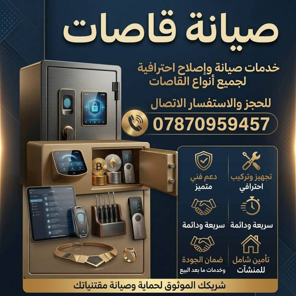 افحص وقاصد قاصتك عند الاستلام! ✅
توصيل سريع لكافة المحافظات 📍
للطلب عبر الواتساب: ***********

نص مكتوب في الصور:
- قاصات الأماني مقاومة للحريق ضمان سنة عالية الأمان قاصات الأماني المواصفات مانع ما للعوئق ضمان سنة عالية الأمان الوزن: 140 الطول: 75 العرض: 45 الارتفاع: 55 المزيد من الصور
- المقاسات والأسعار
- المقاس
- ارتفاع 17cm
- عرض 23cm
- 29 ألف
- ارتفاع 20cm
- عرض 31cm
- 38 ألف
- ارتفاع 25cm
- عرض 35cm
- 48 ألف
- ارتفاع 30cm
- عرض 40cm
- 63 ألف
- جودة عالية وأمان تام
- اطلب الآن واحمي ممتلكاتك
- بصمه ورمز ومفتاح قاصه ألماني ضد الحرق والكسر والرطوبه ضمان سنه ارتفاع 25 عرض 35 السعر 95 توصيل لكل المحافظات شرط الفحص قبل الاستلام *********** اذا مو نفس المواصفات ترجع دون دفع التوصيل التحفة الأمنية: حماية الفخامة The Masterpiece: Secure Luxury
- صيانة قاصات
- خدمات صيانة وإصلاح احترافية
- لجميع أنواع القاصات
- للحجز والاستفسار الاتصال
- ***********
- دعم فني متميز
- تجهيز وتركيب احترافي
- سريعة ودائمة
- ضمان الجودة وخدمات ما بعد البيع
- تأمين شامل للمنشآت
- شريكك الموثوق لحماية وصيانة مقتنياتك