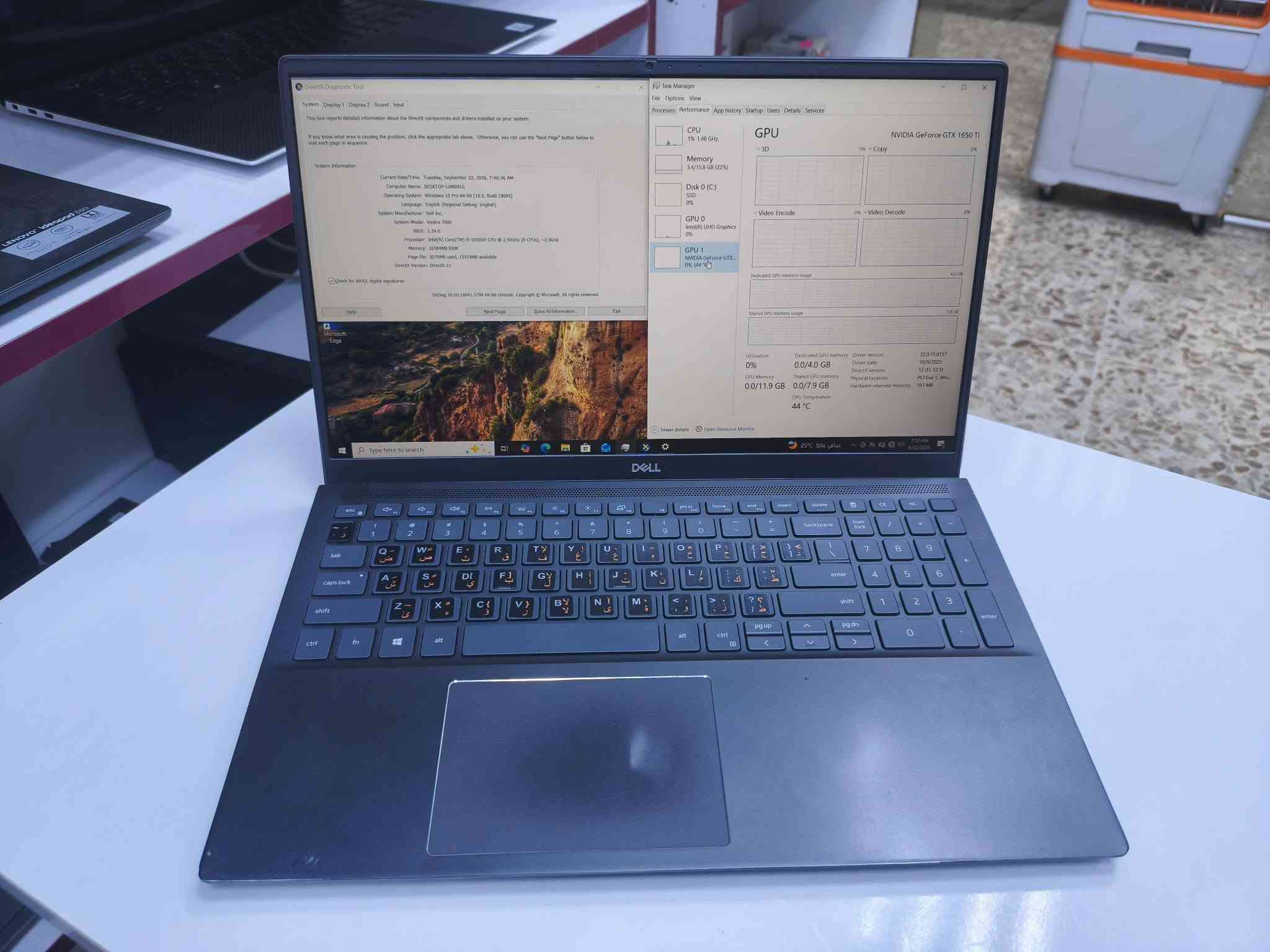 ‏
‏توفر Dell Vostro 7500 جيل عاشر فئة hبسعر 600
‏I5 10H
‏16G DDR4 
‏512GB SSD 
‏حجم الشاشه 15.6 دقه FHD
‏
‏كرت شاشه داخلي intal R UHD Graphics 
‏كرت شاشه خارجي Nvidia gtx 1650ti 4G
‏
‏كامل شامل واصل 600 الف دينار

نص مكتوب في الصور:
- DirectX Diagnostic Tool
- System Display 1 Display 2 Sound Input
- This tool reports detailed information about the DirectX components and drivers installed on your system.
- If you know what area is causing the problem, click the appropriate tab above. Otherwise, you can use the "Next Page" button below to visit each page in sequence.
- System Information
- Current Date/Time: Tuesday, September 22, 2026, 7:46:36 AM
- Computer Name: DESKTOP-LUM091G
- Operating System: Windows 10 Pro 64-bit (10.0, Build 19045)
- Language: English (Regional Setting: English)
- System Manufacturer: Dell Inc.
- System Model: Vostro 7500
- BIOS: 1.24.0
- Processor: Intel(R) Core(TM) i5-10300H CPU @ 2.50GHz (8 CPUs), ~2.5GHz
- Memory: 16384MB RAM
- Page file: 3570MB used, 15519MB available
- DirectX Version: DirectX 12
- ✔ Check for WHQL digital signatures
- DxDiag 10.00.19041.5794 64-bit Unicode Copyright © Microsoft. All rights reserved.
- Help
- Next Page
- Save All Information
- Exit
- Microsoft
- Edge
- Type here to search
- Task Manager
- File Options View
- Processes Performance App history Startup Users Details Services
- CPU
- 1% 1.65 GHz
- Memory
- 3.4/15.8 GB (22%)
- Disk 0 (C:)
- SSD
- 0%
- GPU 0
- Intel(R) UHD Graphics
- GPU 1
- NVIDIA GeForce GTX...
- 0% (44 °C
- GPU activity
- GPU
- NVIDIA GeForce GTX 1650 Ti
- 3D 0% Copy 0%
- Video Encode 0% Video Decode 0%
- Dedicated GPU memory usage 4.0 GB
- Shared GPU memory usage 7.9 GB
- Utilization
- GPU Memory
- 0.0/11.9 GB
- Dedicated GPU memory
- 0.0/4.0 GB
- Shared GPU memory
- 0.0/7.9 GB
- Driver version:
- Driver date:
- DirectX version:
- Physical location:
- Hardware reserved memory:
- 32.0.15.8157
- 10/9/2025
- 12 (FL 12.1)
- PCI bus 1, dev...
- 161 MB
- GPU Temperature
- 44 °C
- Fewer details
- Open Resource Monitor
- 7:52 AM
- 9/22/2026
- صافي غالبا 25°C
- DirectX Diagnostic Tool System Display Display 2 Sound Input This tool reports detailed information about the DirectX components and drivers installed on your system. If you know what area is causing the problem, click the appropriate tab above. Otherwise, you can use the "Next Page" button below to visit each page in sequence. System Information Current Date/Time: Tuesday, September 22, 2026, 7:46:36 AM Computer Name: DESKTOP-LUMB91G Operating System: Windows 10 Pro 64-bit (10.0, Build 19045) Language: English (Regional Setting: English) System Manufacturer: Dell Inc. System Model: Vostro 7500 BIOS: 1.24.0 Processor: Intel(R) Core(TM) i5-10300H CPU @ 2.50GHz (8 CPUs), ~2.5GHz Memory: 16384MB RAM Page File: 3570MB used, 15519MB available DirectX Version: DirectX 12 Check for WHQL digital signatures Help Next Page Save All Information Exit Task Manager File Options View Processes Performance App history Startup Users Details Services CPU 1% 1.48 GHz Memory 5.4/15.8 GB (22%) Disk 0 (C:) SSD 0% GPU 0 Intel(R) UHD Graphics 0% GPU 1 NVIDIA GeForce GTX 17... 0% (44 °C) Dedicated GPU memory usage Shared GPU memory usage GPU NVIDIA GeForce GTX 1650 Ti 3D 0% Copy Video Encode 0% Video Decode 0% 4.0 GB 7.9 GB Utilization 0% GPU Memory 0.0/7.9 GB Dedicated GPU memory 0.0/4.0 GB Shared GPU memory 0.0/7.9 GB Driver version: Driver date: DirectX version: Physical location: Hardware reserved memory: 32.0.15.8157 10/9/2025 12 (fl_12.1) PCI bus 1, dev... 161 MB GPU Temperature 44 °C Fewer details Open Resource Monitor 25 °C صافٍ غالباً 7:52 AM 9/22/2026
