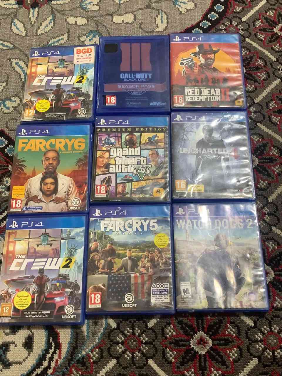 السلام عليكم ورحمة الله وبركاته 

اقراص PS4 نضيفات كلش باعتبارهن جدد 
10 اقراص 

GTA FIVE شبه جديده حتى الخارطه مال اللعبه وياها بالغلاف مال القرص 25 الف 

  (20 الف) RED DEAD REDEMPTION II 

CALL OF DUTY BLAK OPS III (20 الف) 

UNCHARTED 4 (15 الف )

FARCRY6 (20 الف )

FARCRY5 (20 الف )

WATCH DOGS2 (15 الف ) 

سيارات معربه عدد 2 اقراص ثنينهن ب25 الف 

 PES 2020 (30 الف)

مكاني بغداد وتوصيل موجود 

*********** 

واذا تاخذهن كلهن احسبهم الك غير سعر
