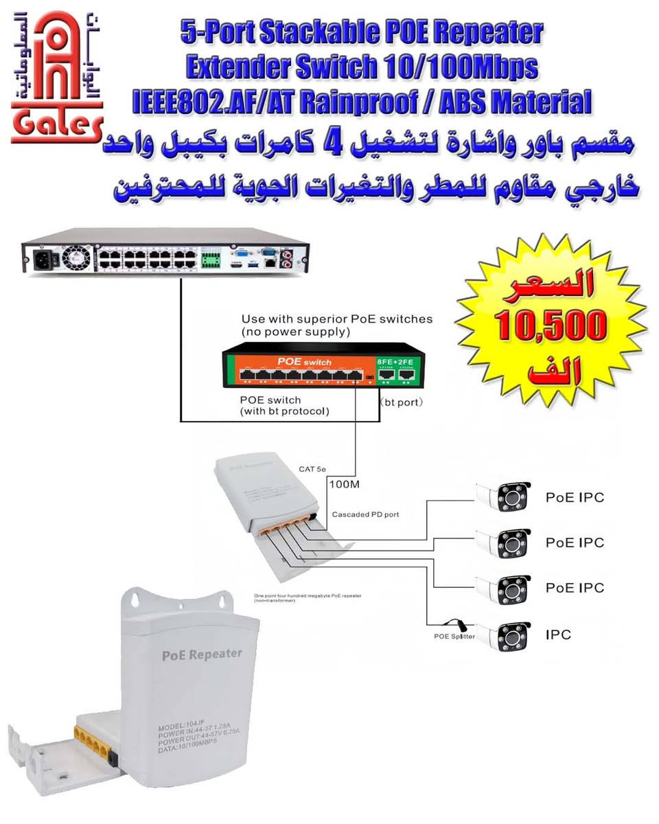 ⚡ **1 in 4 Out Outdoor POE Repeater | مكرر إشارة ومقسم باور خارجي مقاوم للمطر**
🔥 **الحل الأمثل والاعتمادي لكاميرات المراقبة والشبكات الخارجية!**
لا داعي للقلق بعد اليوم من الظروف الجوية أو المسافات البعيدة؛ يتناول هذا الجهاز توسيع نطاق شبكتك وتشغيل 4 كاميرات مراقبة بكفاءة عالية عبر كيبل واحد فقط.
✨ **أبرز المواصفات والمميزات:**
* 🌧️ **مقاوم للماء والمطر (Outdoor Rated / Rainproof):** هيكل مخصص للتركيب الخارجي وتحمل العوامل الجوية المختلفة.
* 🛡️ **خامة متينة (Robust ABS Material):** مصنوع من بلاستيك ABS القوي لحماية المنافذ والتوصيلات من التآكل.
* 🔌 **5 منافذ (1 in 4 out):** مدخل واحد لربط الباور والإشارة، و4 مخارج لتغذية وتوصيل الكاميرات.
* ⚡ **سرعة 10/100Mbps:** نقل بيانات سريع وسلس بدون تقطيع.
* 📏 **توصيل حتى 100 متر:** يضاعف مسافة البث لمنظومات الكاميرات.
* 🛠️ **سهل التركيب (Plug & Play):** يعمل تلقائياً وبشكل مباشر مع معايير IEEE 802.3af/at.
💰 **السعر ** 10,500 دينار عراقي فقط!
🚚 **التوصيل متوفر لجميع المحافظات**
📱 **للطلب أو الاستفسار:** ***********
#POE_Extender #كاميرات_مراقبة #شبكات #توسيع_الشبكة #اتصالات #InfoGales #العراق #InfoGales #قطع_الكترونية #CAT5e #PoEswitches #poeswitch #outdoor #rainproof #ABS

نص مكتوب في الصور:
- Fast 1 in 4 Out POE Extender 5 Port 10/100MB International standard POE repeater 1 in 4 out السعر: 10,500 دينار Ports: 5 (1 in 4 out) 10/100Mbps Full-Duplex Plug & Play خارجي مقاوم للعوامل الخارجية Rainproof Design مادة ABS متينة وقابلة للتكدس Durable ABS Housing Technical Specifications Ports: 5 (POE repeater 1 in 4 out) Transmission rate: 10/100Mbps Communication mode: Full-Duplex Input: 44-57V 0.25A Output: 52V, Max 60W (Updated to 60W) IEEE 802.3af/at [الجديد: cite] Outdoor Rated / Rainproof خارجي / مقاوم للمطر Robust ABS Material مادة الغلاف: بلاستيك ABS متين Stackable Enclosure قابل للتكدس Usage Diagram 1 in 4 out POE Extender 10/100Mbps POE repeater 10/100Mbps PoE IPC 10/100Mbps PoE IPC 10/100Mbps PoE IPC 10/100Mbps PoE IPC +964 770 401 8009
- المعلوماتية
- العالمية
- البوابات
- 5-Port Stackable POE Repeater
- Extender Switch 10/100Mbps
- IEEE802.AF/AT Rainproof / ABS Material
- مقاسم باور واشارة لتشغيل 4 كامرات بكيبيل واحد
- خارجي مقاوم للمطر والتغيرات الجوية للمحترفين
- Use with superior PoE switches
- (no power supply)
- POE switch
- (with bt protocol)
- 8FE+2FE
- bt port
- CAT 5e
- 100M
- Cascaded PD port
- One point four hundred megabyte PoE repeater
- (non-transformer)
- PoE IPC
- IPC
- POE Splitter
- السعر
- 10,500
- الف