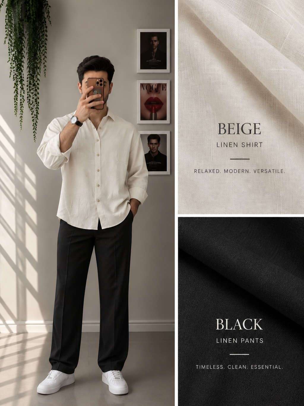 نساعدك تكون بكامل اناقتك✨

نص مكتوب في الصور:
- LIGHT BLUE LINEN SHIRT RELAXED. MODERN. VERSATILE. BEIGE LINEN PANTS NATURAL. TIMELESS. REFINED.
- BROWN
- LINEN SHIRT
- NATURAL. MODERN. VERSATILE.
- NAVY
- LINEN PANTS
- TIMELESS. CLEAN. ESSENTIAL.
- BLACK
- GREY TAUPE
- BEIGE LINEN SHIRT RELAXED. MODERN. VERSATILE. BLACK LINEN PANTS TIMELESS. CLEAN. ESSENTIAL.
- BROWN LINEN SHIRT NATURAL. MODERN. VERSATILE. BLACK LINEN PANTS TIMELESS. CLEAN. ESSENTIAL.
