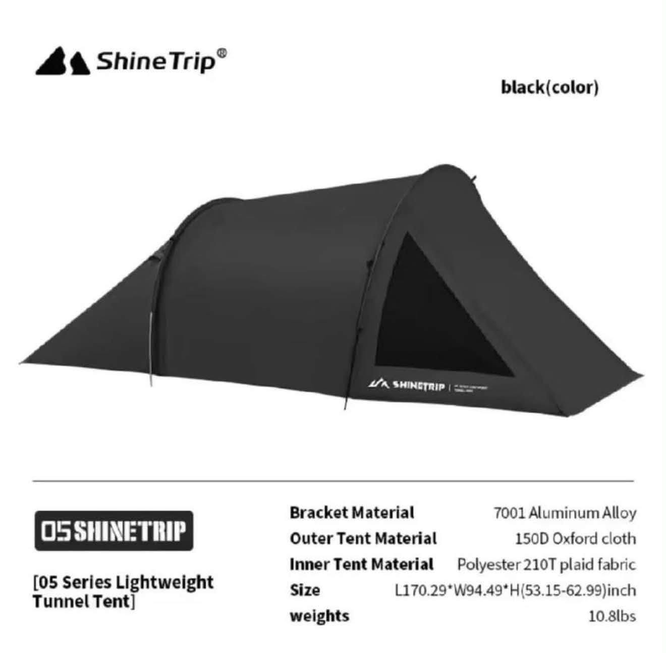 السلام عليكم للبيع خيمة التخييم النفقية خفيفة الوزن من سلسلة 05 (ShineTrip 05 Series Tunnel Tent) شين ترايب باللون الأسود.
تتميز هذه الخيمة بتصميمها المناسب لشخصين، وهي مصممة خصيصاً لعشاق التخييم والمغامرات والتخييم بالدراجات النارية (Motorcycle Camping) نظراً لخفتها وسهولة حملها.⛺ 
الهيكل الداخلي: تصميم ذو غرفتين (غرفة نوم + صالة جلوس/تخزين).
الوزن: حوالي 4.9 كيلو غرام ، مما يجعلها خفيفة وسهلة التنقل.
المواد: مصنوعة من قماش أكسفورد 150D المتين والمقاوم لقطع القماش.مقاومة الطقس: مزودة بطلاء مقاوم للماء (2000-3000 مم) وحماية فائقة من أشعة الشمس وفوق البنفسجية (UPF50+).
الأعمدة: مصنوعة من سبائك الألومنيوم المقاومة لضمان الاستقرار والثبات ضد الرياح.
الأبعاد الكلية (الخارجية عند الفتح): الطول 435 سم × العرض 240 سم × الارتفاع بين 135 إلى 160 سم. 
الاوتاد الخارجية للمظلات الجانبية غير متوفرة مع الخيمة 
تواصل خاص او *********** واتساب
البيع لاعلى سعر اخوان
