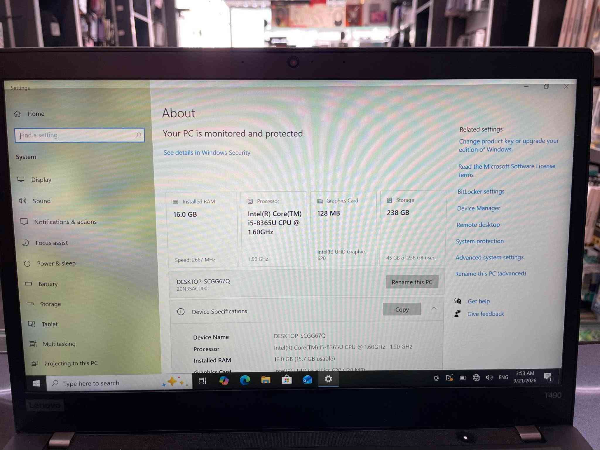 Lenovo ThinkPad T490 بۆ فرۆشتن

Intel V Pro i5-8365 1.60GHz
16GB 2400MHz
Toshiba 256 GB NVMe
UHD Graphics 620 8GB Touchscreen 

لاپتۆپەکە زۆر خاوێنە تەنها لەشاشەکەی خەتێک زیاد سپیە هەر ئەوەندە 

ناونیشان هەولێر  نرخ (300$)
ژمارە مۆبایل 
*********** أربيل, العراق

نص مكتوب في الصور:
- Settings Home Find a setting System Display Sound Notifications & actions Focus assist Power & sleep Battery Storage Tablet Multitasking Projecting to this PC Type here to search About Your PC is monitored and protected. See details in Windows Security Installed RAM 16.0 GB Speed: 2667 MT/s DESKTOP-SCGG67Q 20N1S4CU00 Device Specifications Device Name Processor Installed RAM Graphic Card DESKTOP-SCGG67Q Intel(R) Core(TM) i5-8365U CPU @ 1.60GHz 1.30 GHz 16.0 GB (15.7 GB usable) Intel(R) UHD Graphics 620 Processor Intel(R) Core(TM) i5-8365U CPU @ 1.60GHz 1.30 GHz Graphics Card 128 MB Intel(R) UHD Graphics 620 Storage 238 GB Related settings Change product key or upgrade your edition of Windows Read the Microsoft Software License Terms BitLocker settings Device Manager Remote desktop System protection Advanced system settings Rename this PC Rename this PC Copy Copy Get help Get Windows 10 ENG ARIO 1205 PM
- Lenovo ThinkPad T490 Intel VPro i5-8365 1.60GHz 16GB 2400MHz Toshiba 256GB NVMe UHD Graphics 620 8GB 300$
- Settings Home Find a setting System Display Sound Notifications & actions Focus assist Power & sleep Battery Storage Tablet Multitasking Projecting to this PC Type here to search About Your PC is monitored and protected. See details in Windows Security Installed RAM 16.0 GB Speed: 2667 MHz Processor Intel(R) Core(TM) i5-8365U CPU @ 1.60GHz 1.90 GHz DESKTOP-SCGG67Q 20N3SACU00 Device Specifications Device Name DESKTOP-SCGG67Q Processor Intel(R) Core(TM) i5-8365U CPU @ 1.60GHz 1.90 GHz Installed RAM 16.0 GB (15.7 GB usable) Graphics Card 128 MB Intel(R) UHD Graphics 620 Storage 238 GB 45 GB of 238 gb used Rename this PC Copy Related settings Change product key or upgrade your edition of Windows Read the Microsoft Software License Terms BitLocker settings Device Manager Remote desktop System protection Advanced system settings Rename this PC (advanced) Get help Give feedback 3:53 AM 9/21/2026 T490