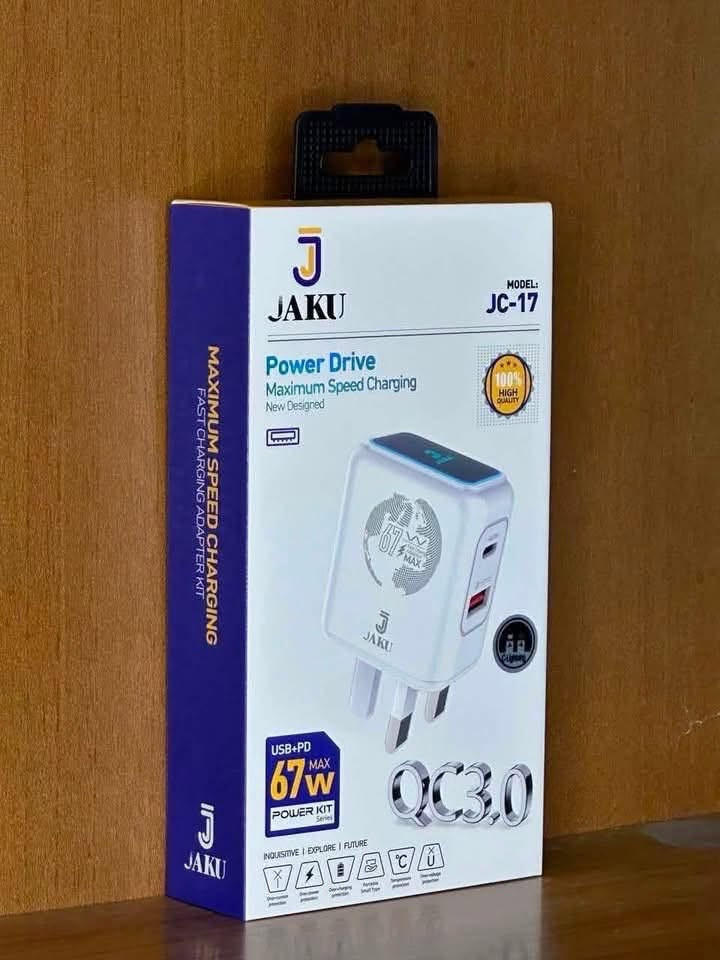 ⚡ شاحن JAKU الشفاف بقوة 67W (Model: JC-10) - تصميم عصري وأداء قوي!
وصل حديثاً شاحن JAKU المميز بتصميم شفاف وأداء عالي ليمنحك تجربة شحن أسرع وأكثر أماناً لأجهزتك.
مواصفات المنتج:
 الموديل: JC-10 (TURBO Transparent Series)
 القدرة الكلية: 67W Fast Charging Chargers
 المنافذ: منفذين للشحن (Dual Port Multifunction):
 منفذ USB-C بقدرة PD
 منفذ USB-A للشحن السريع
 التصميم: هيكل شفاف شفاف بالكامل (Transparent Design) يظهر التفاصيل الداخلية الأنيقة مع شاشة/مؤشر 67W.
 المميزات:
 تقنية Auto-ID للتوزيع الذكي للتيار وضمان الشحن الآمن دون حرارة.
 فيش ثلاثي مطابق للمواصفات المعتمَدة (U.K. Standard).
 يأتي كـ Kit متكامل مع كابل شحن سريع.
📞 للطلب والاستفسار: ***********
📍 العنوان: الناصرية - قضاء الدواية - مول عيون الرشا (بجانب دار اليمن)
تتوفر خدمة التوصيل
