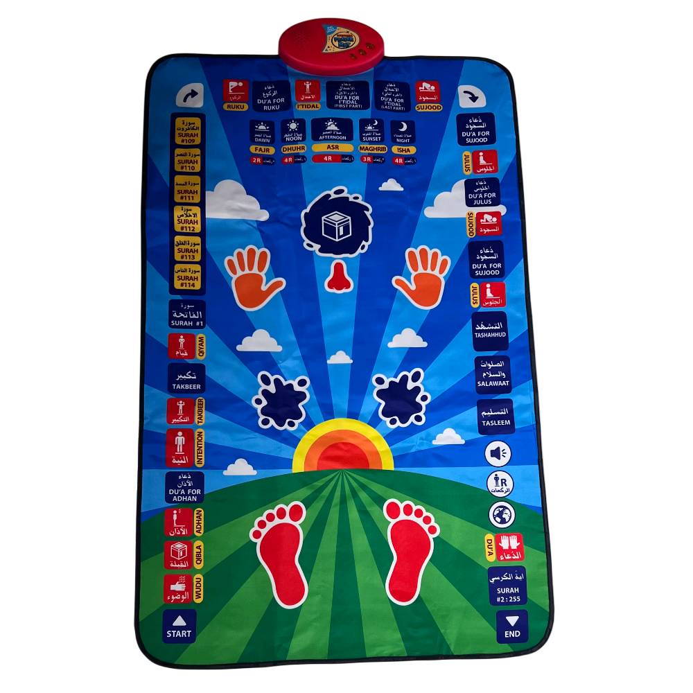 سجادة الصلاة التعليمية التفاعلية للأطفال – Educational Prayer Mat

• سجادة صلاة تعليمية تفاعلية تساعد الأطفال على تعلم الصلاة ومراحلها بطريقة سهلة وممتعة.

• تحتوي على 36 زر لمس حساس للتفاعل والتعلم.

• تدعم 7 لغات: العربية، الإنجليزية، الفرنسية، الأردية، الماليزية، التركية، والإندونيسية.

• تعليم الوضوء، الأذان، السور، الأدعية، أوقات الصلاة ووضعيات الصلاة

• مزودة بحساسات للرأس والأنف واليدين والركبتين والقدمين والساقين.

• مستوى صوت قابل للتعديل مع 3 درجات صوت.

• مقاومة للماء وقابلة للطي لسهولة الاستخدام والتخزين.

• نوع المنتج: Educational Prayer Mat
• عدد أزرار اللمس: 36 زر حساس
• عدد اللغات: 7 لغات
• مقاس السجادة: 114 × 73 سم
• وزن السجادة: 720 غرام
• مصدر الطاقة: 3 بطاريات AA
• مستويات الصوت: 3 مستويات
• مقاومة للماء
• قابلة للطي
• مادة مقاومة للحريق

محتويات العلبة:
• سجادة الصلاة التعليمية التفاعلية
• كتاب أنشطة الصلاة (Prayer Activity Book)
• علبة المنتج وتعليمات الاستخدام الموجودة معها