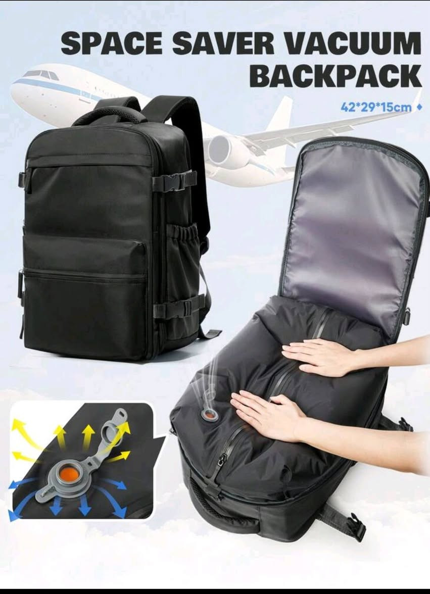 جنطة متعددة الاستخدامات 20 الف واصل على اول تم

نص مكتوب في الصور:
- SIZE DISPLAY Holds 3-5 pieces of clothing 42cm/16.54" 29cm/11.42" 15cm/5.9" 15.6 INCHES TABLET PC Built-in "Vacuum Compression System" Save more space ??? ??? Worried about too much luggage Before Compression After Compressing Note: Only fluffy clothes have a compression effect and the vacuum effect cannot be maintained all the time.
- SPACE SAVER VACUUM BACKPACK 42*29*15cm
- MULTI-FUNCTIONAL LARGE CAPACITY Clothes Wallet Trousers Umbrella Laptop Belongings 01 Front compartment 02 Front Pocket 1 03 Side Pocket 04 Front Pocket 2 05 Built-in multi pocket design 06 Water resistant fabric
- TRAVEL BACKPACK 1/22 تبدأ من 37.03 $
- VACUUM BACKPACK EXPANDABLE VACUUM SEAL COMPRESSION TRAVEL BACKPACK SHIP WITH PUMP