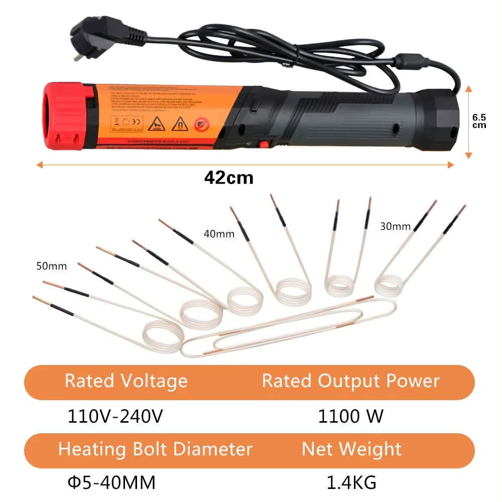 جهاز التسخين الحثي المغناطيسي المحمول (Magnetic Induction Heater Kit) بقدرة 1000 إلى 1100 واط

نص مكتوب في الصور:
- 6.5 cm 42cm 50mm 40mm 30mm Rated Voltage Rated Output Power 110V-240V 1100 W Heating Bolt Diameter Net Weight Ε5-40MM 1.4KG