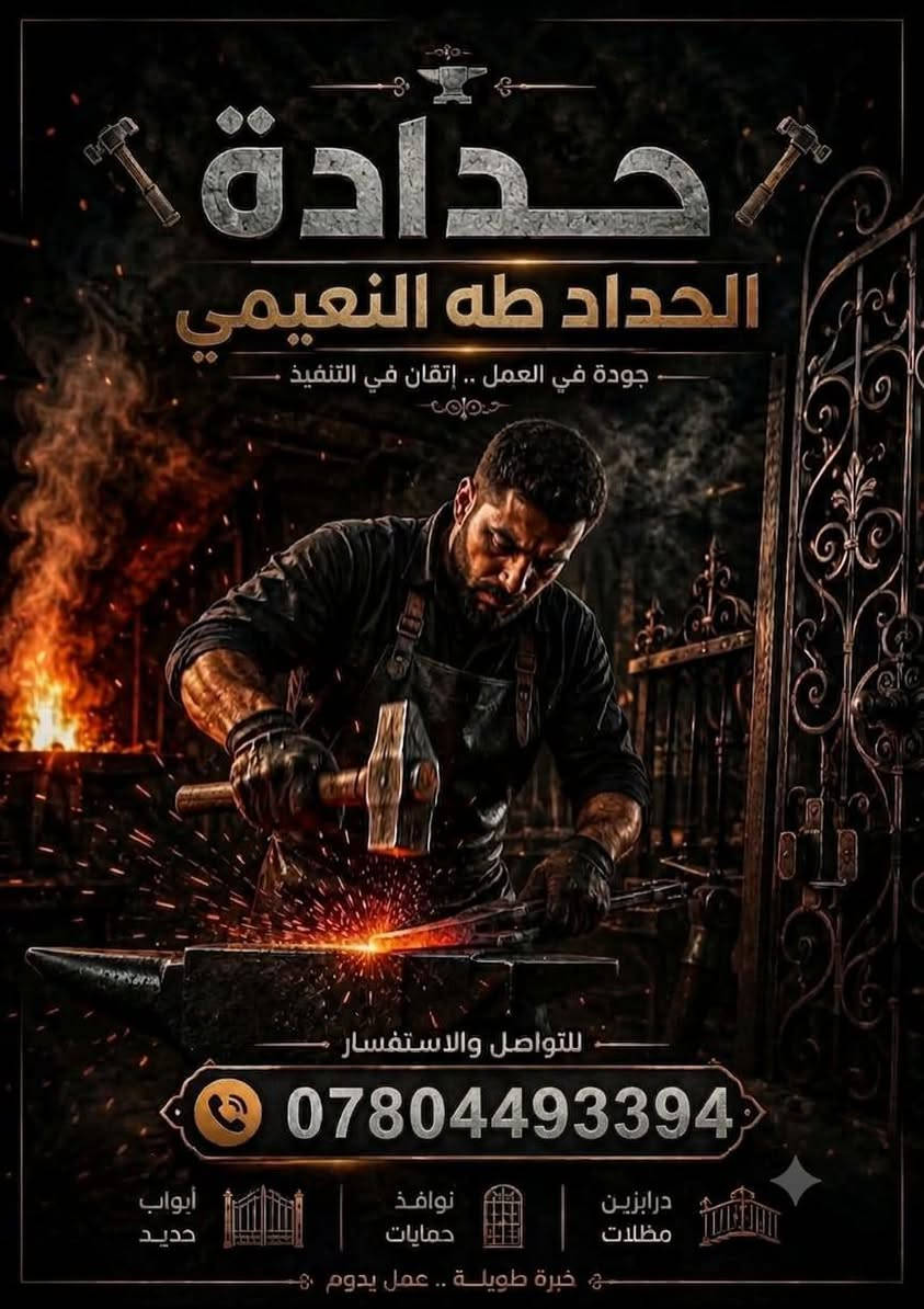السلام عليكم حداده عامه ومتنقله كافه الاعمال الحديديه

نص مكتوب في الصور:
- حدادة الحداد طه النعيمي جودة في العمل .. إتقان في التنفيذ للتواصل والاستفسار *********** درابزين مظلات نوافذ حمايات أبواب حديد خبرة طويلة .. عمل يدوم
- ظل الدار للمظلات العامة 05531068445-0552004043